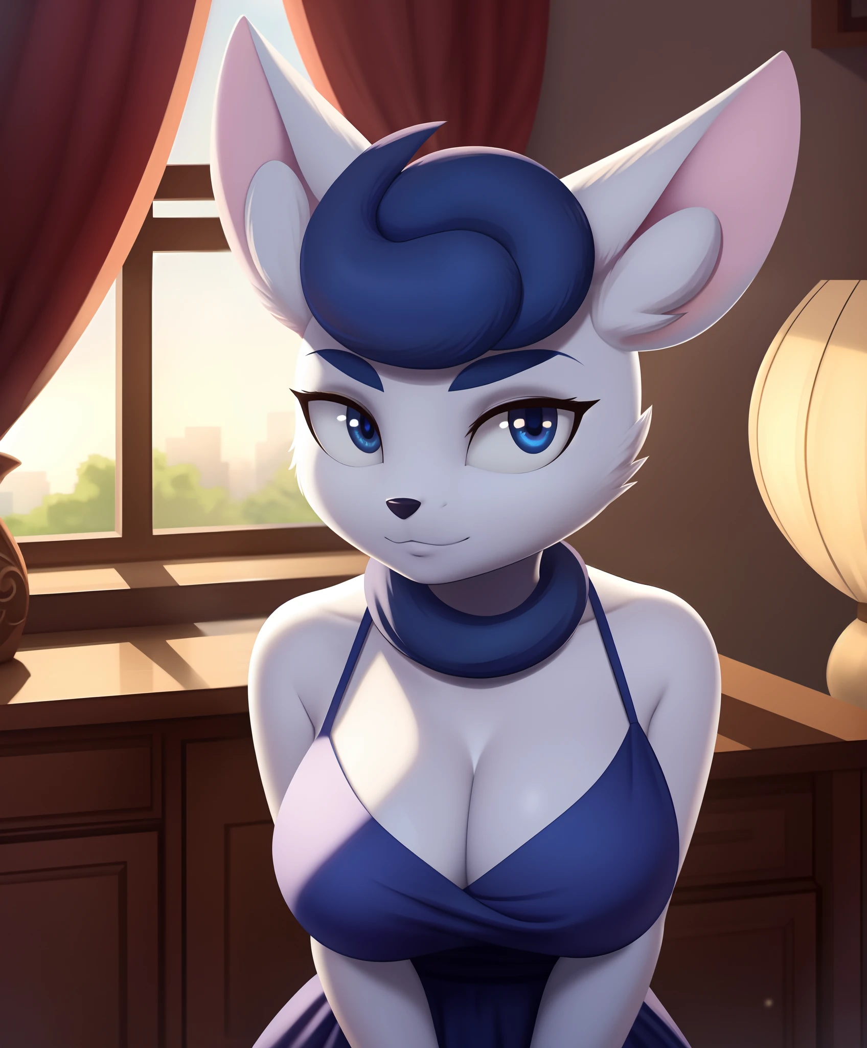 (masterpiece:1.2, best quality:1.2, beautiful, high quality, highres:1.1), detailed, extremely detailed 4K, perfect eyes, perfect face, perfect lighting, (1girl, solo, adult female, mature female), lithe, thin, MEOWSTIC_Female, spaghetti strap dress, sleeveless, animal ears, cleavage, quiff haircut, sexy pose, looking at viewer