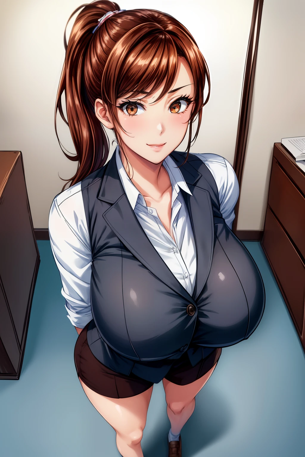 masterpiece, best quality, highest quality, perfect anatomy, highres, ultra-detailed, 8k wallpaper, texture, detail, unique, HDR, extremely detailed CG, Azuma Hisato, 1 girl, Solo, full body, standing, ponytail, brown_hair, Bangs, brown_eyes, 20yo, mature female, looking at viewer, smile, lewd face, (Beautiful,large_Breasts:1.4), (beautiful_face:1.5),(narrow_waist), office outfit, office uniform