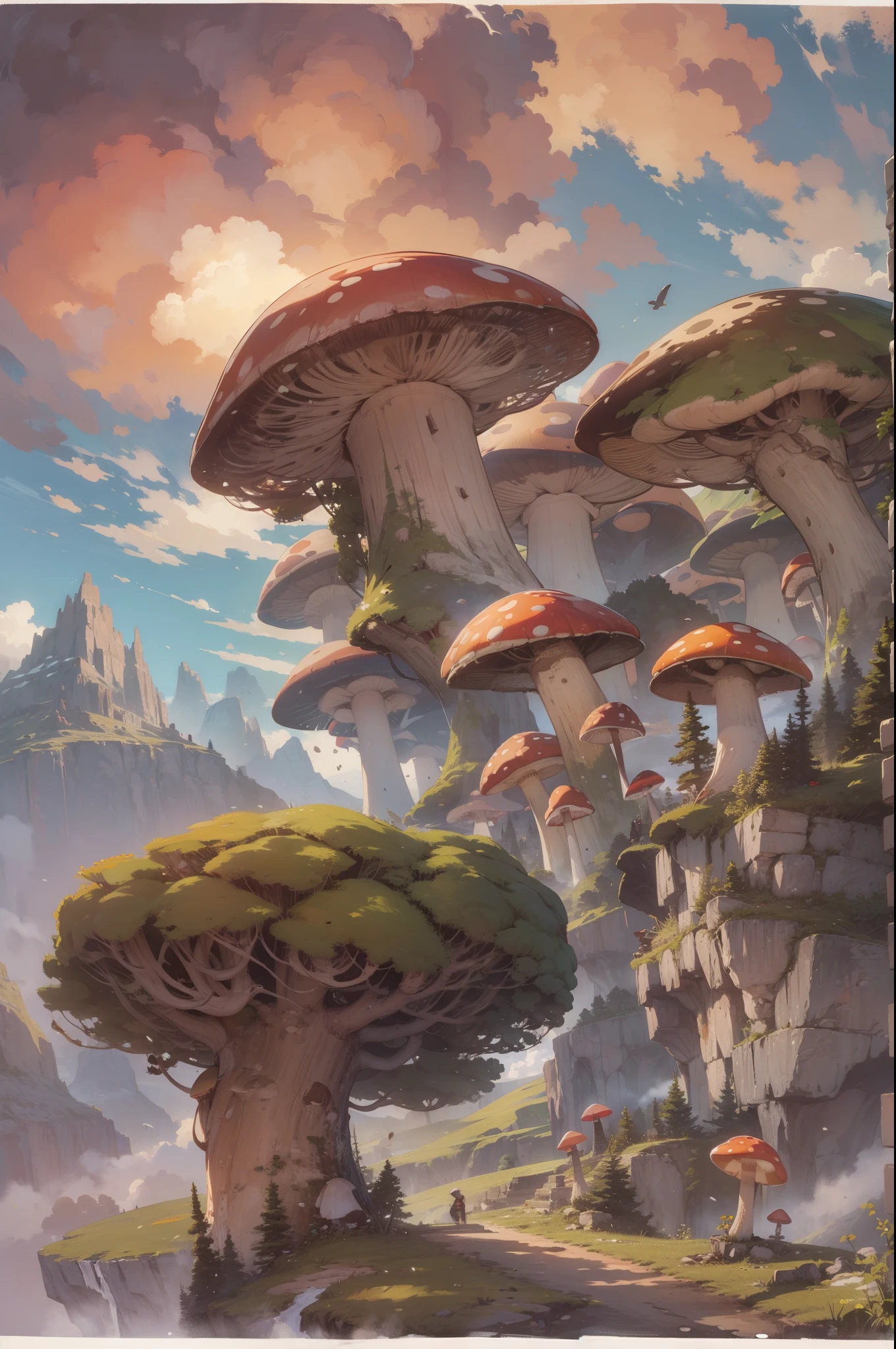 landscape, high altitude, mountains, giant mushroom, 6+ mushrooms, clouds, depth