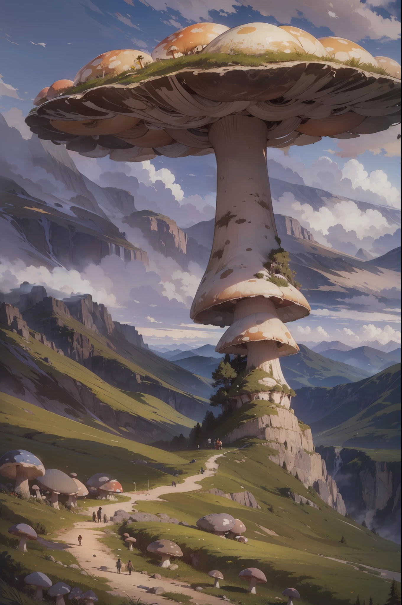 landscape, high altitude, mountains, giant mushroom, 6+ mushrooms, clouds, depth