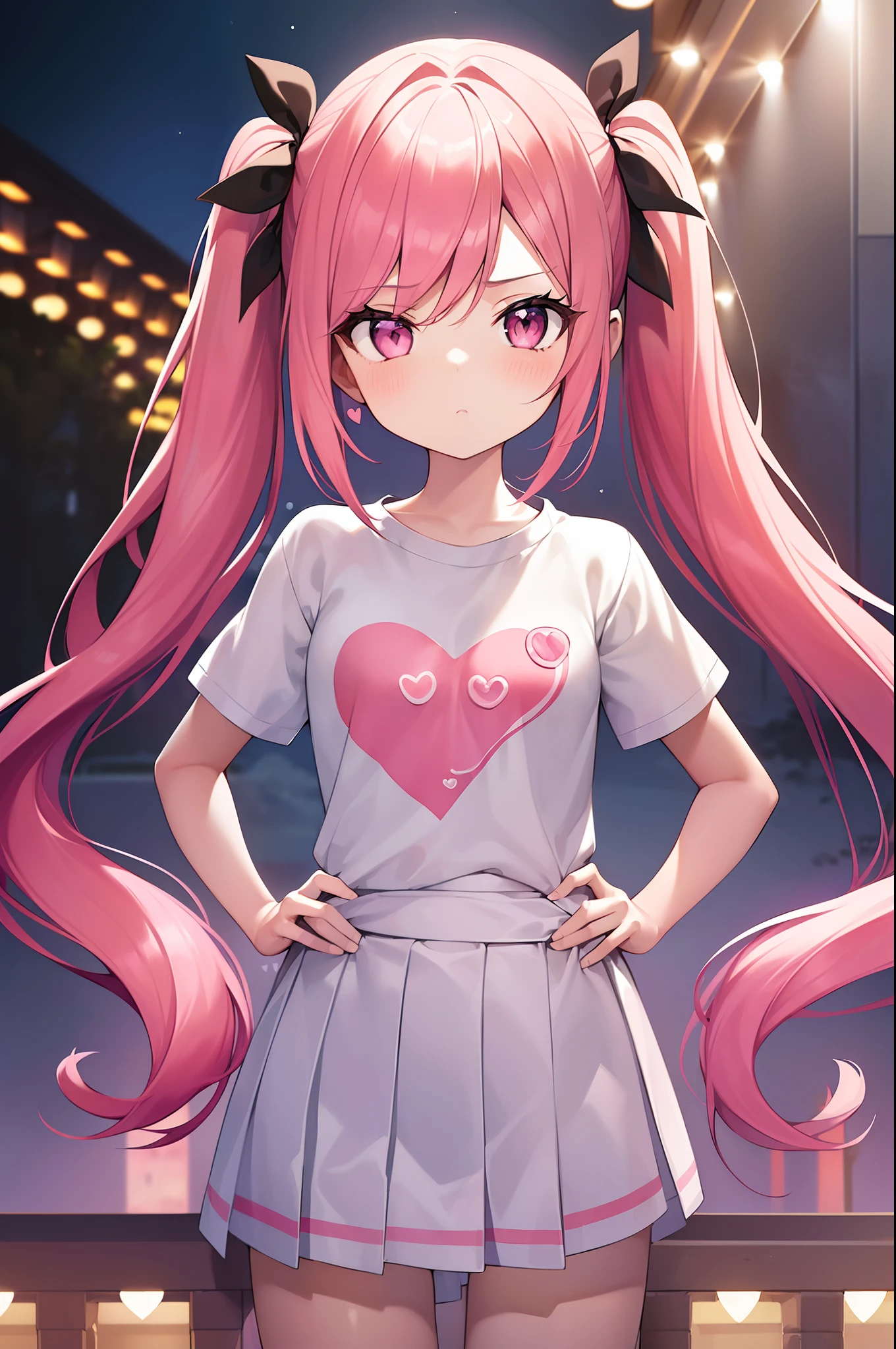 1girl. pink hair.long hair.twintails.{li}.short stature.small breast.white t-shirts.skirt. (((masterpiece))).(((best quality))).)((ultra-detailed))).(((illustration))). (((put your hands on your hips))).(((night view))).(((Heart on chest))).make a fist.