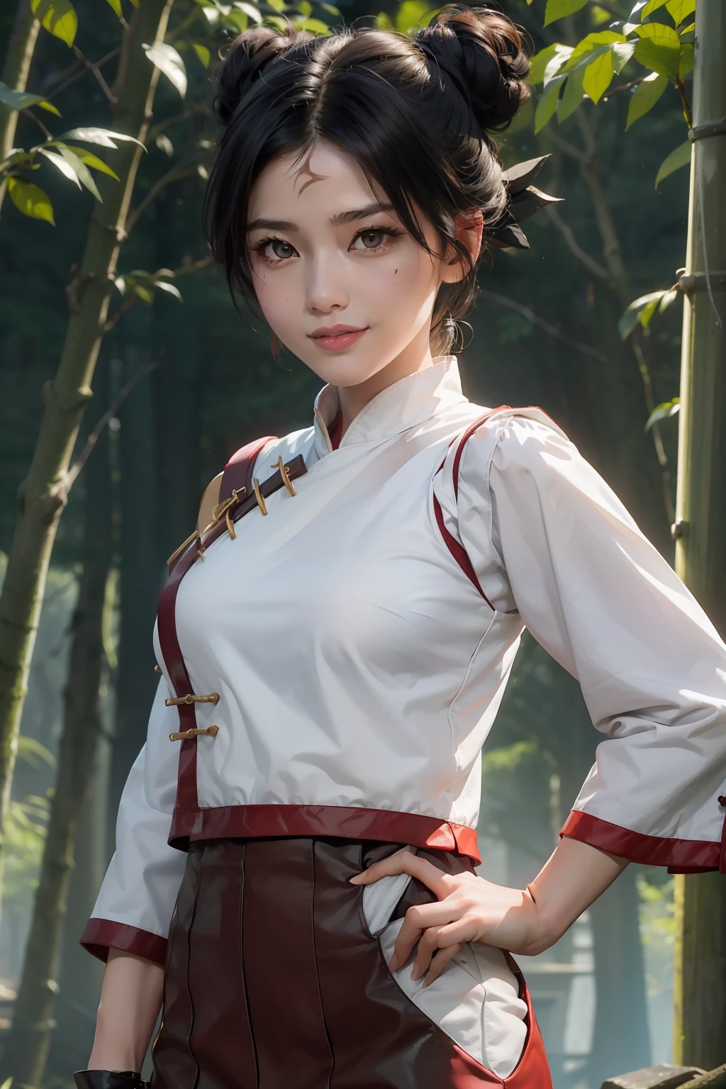 1girl, (8k, RAW photo, best quality, masterpiece:1.2), (ultra highres:1.0),detailed illustration, (real person,fashion photography portrait,photograph), detailed, detailed beautiful skin, (realistic, photo-realistic:1.37), tentenNS, solo, professional lighting, black dress), village, east asian architecture, trees, village hidden in the leaves background,looking_at_viewer, smile,black hair,brown eyes,mitain,toeless footwear,kunai,facial mark,konohagakure symbol,fighting_stance,fence,ninja,adjusting gloves,sleeveless,cleavage, very big breasts