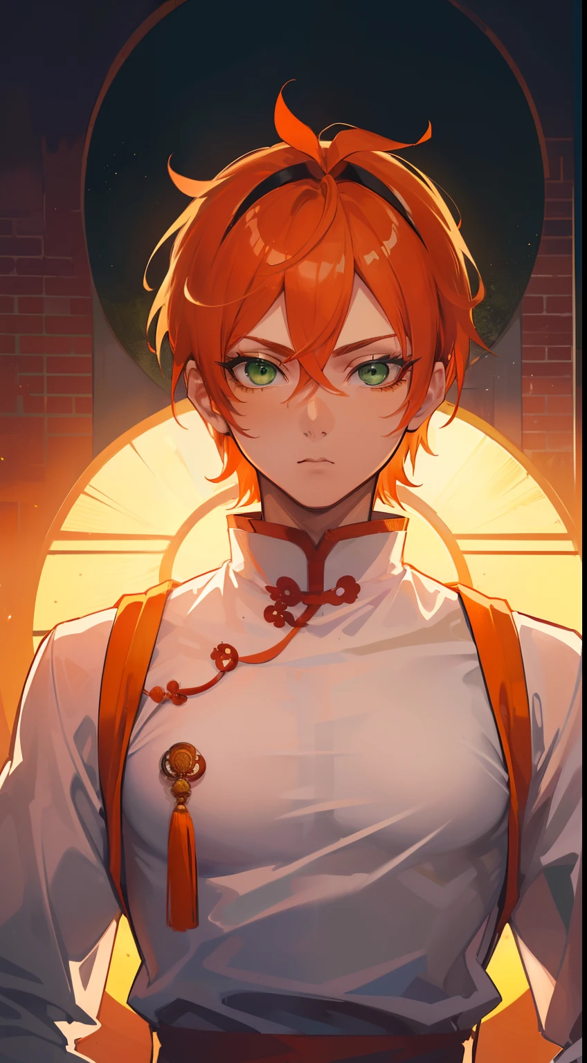 (((Guy))), (((man))), (((Man's))),(((masutepiece))), (((Beautiful lighting))),(((muscular))),(((man))),(((40 years),(((Green eyes))),(((Orange hair))), Male face,male eyebrows, Male Eyes, Eyelashes, Medium Hair,Beautiful face, v shaped_eyebrow,White skin,Transparent wings,Chinese_Clothes,(((Black clothes,)))garters_lanyard, See-through,The light of the Buddha shines, holy,