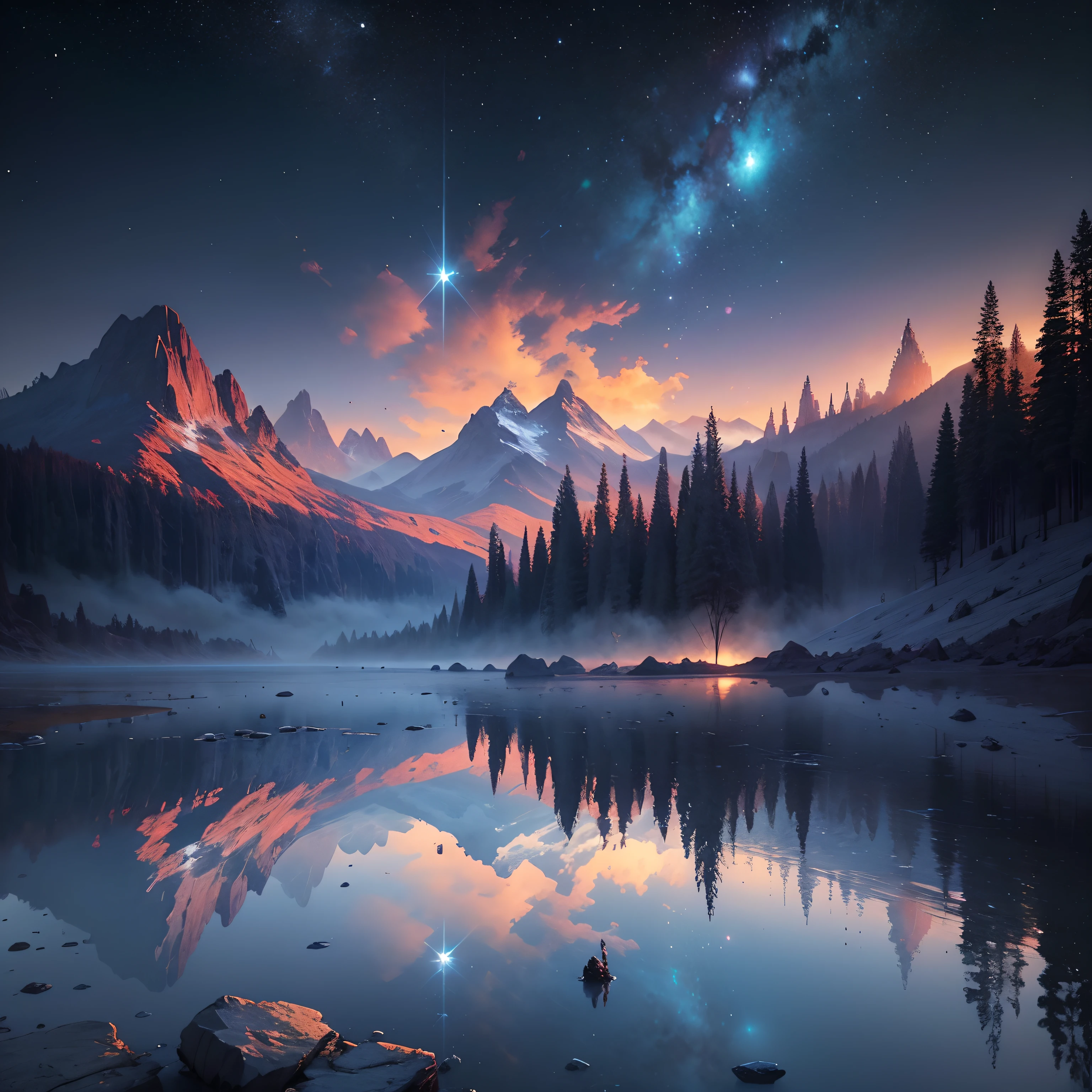 starry night sky with stars and mountains reflected in a lake, 4k highly detailed digital art, 8k stunning artwork, 4k detailed digital art, 8k high quality detailed art, dan mumford and albert bierstadt, epic fantasy sci fi illustration, anton fadeev and dan mumford, sci-fi fantasy wallpaper, impressive fantasy landscape, 8k hd wallpaper digital art