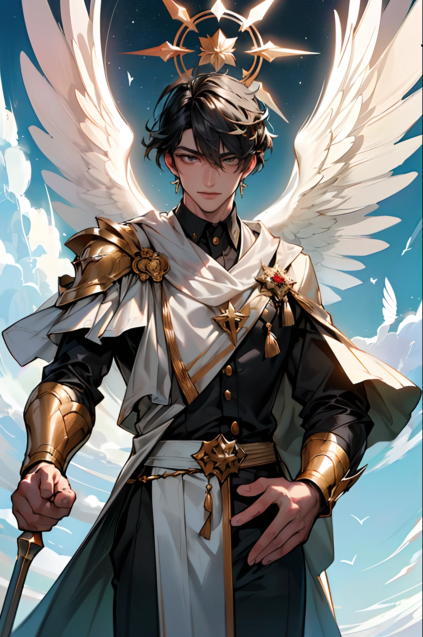 absurdres, (great composition), 1man, solo, adult, handsome, dynamic angle, dynamic lighting, well-built, olive skin, refined, handsome_male,
angelic messenger, feathered wings, celestial realm, divine messages, Grace, Purity, Compassion