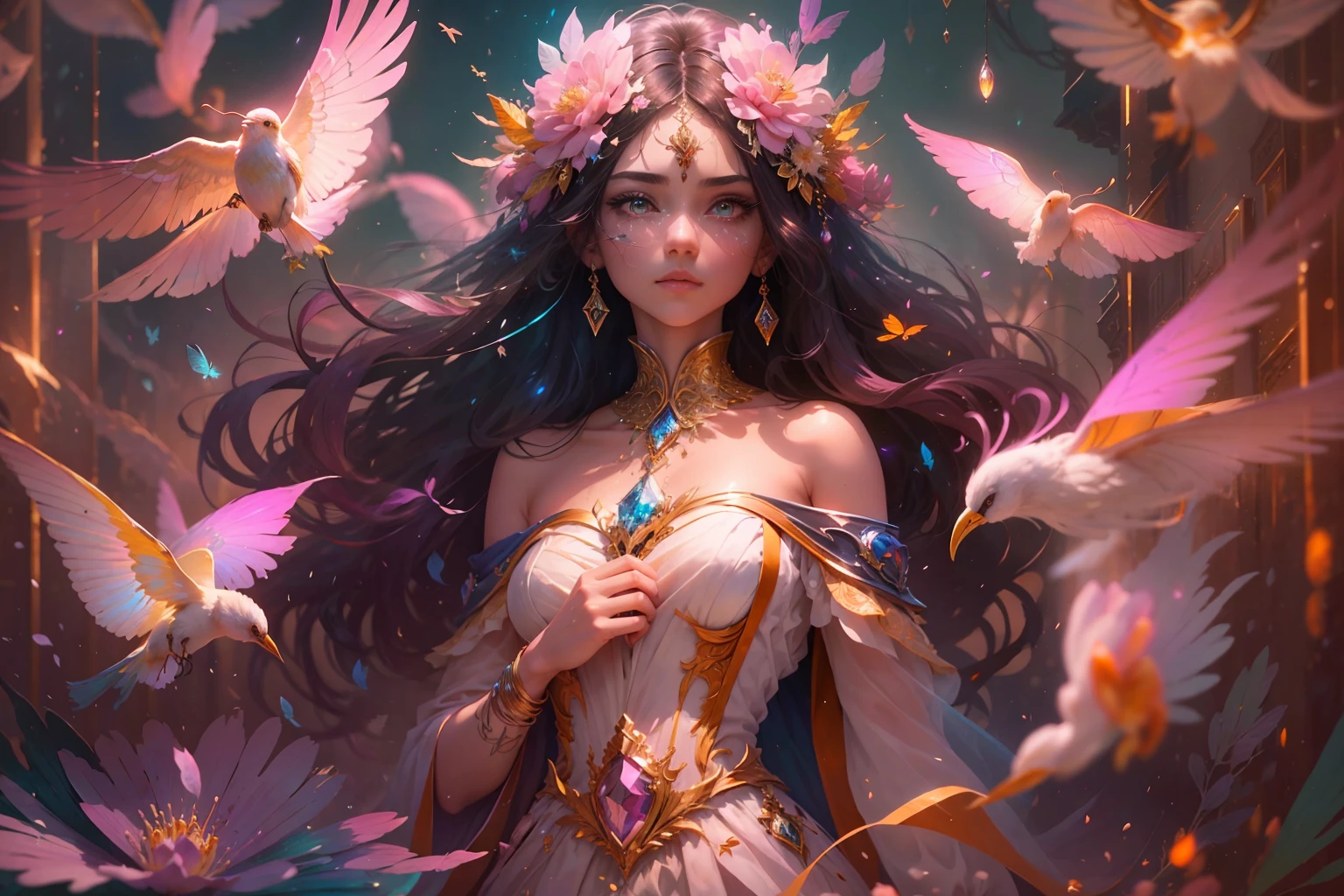 (((masterpiece))), (((best quality))), ((ultra-detailed)),(highly detailed CG illustration), ((an extremely delicate and beautiful)),cinematic light, Create a stunning fantasy artwork that mimics the style of currently trending masters of the genre. The art piece should contain elements of both mythic fantasy and fairytale fantasy with colorful accents. ((Utilize various shades of pink and watercolor pastels as the main color scheme.)) The character in the artwork is a delicate but strong petite figure with an aura of mystery and magic. Pay close attention to intricate facial features, such as mesmerizing eyes with vibrant colors and bold shading. The character's clothing should be designed with gossamer feathers, silk, stunning embroidery, and subtle iridescent details. Incorporate dreamy colors, dynamic lighting, and detailed background elements to create a sense of awe and immersion. Include colorful flying magical birds and jewel-toned butterflies radiating a magical aura. Consider the latest trends in fantasy art, such as incorporating unique lighting effects, exploring dynamic and compelling composition techniques, and experimenting with unique color palettes. Take inspiration from the top artists on ArtStation and Midjourney. Camera: Choose an angle that highlights the character's beauty and enhances the magical majesty of the artwork. Lighting: Utilize atmospheric lighting techniques to create depth and mood. Resolution: Aim for a high-resolution artwork to showcase intricate details and clarity. Art Inspirations: Seek inspiration from the trending artists on ArtStation, exploring different styles, genres, and themes.