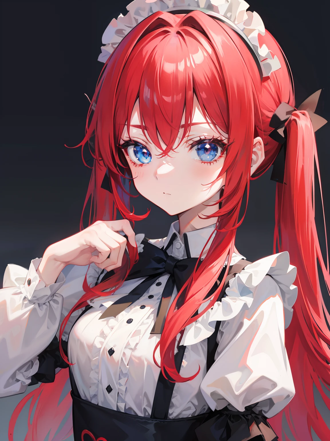red hair,blue eyes,twintails,maid, long hair, long sleeves, gothic, solo, loli,{{best quality}}, {{masterpiece}}, {{ultra-detailed}}, {illustration}, {detailed light}, {an extremely delicate and beautiful},