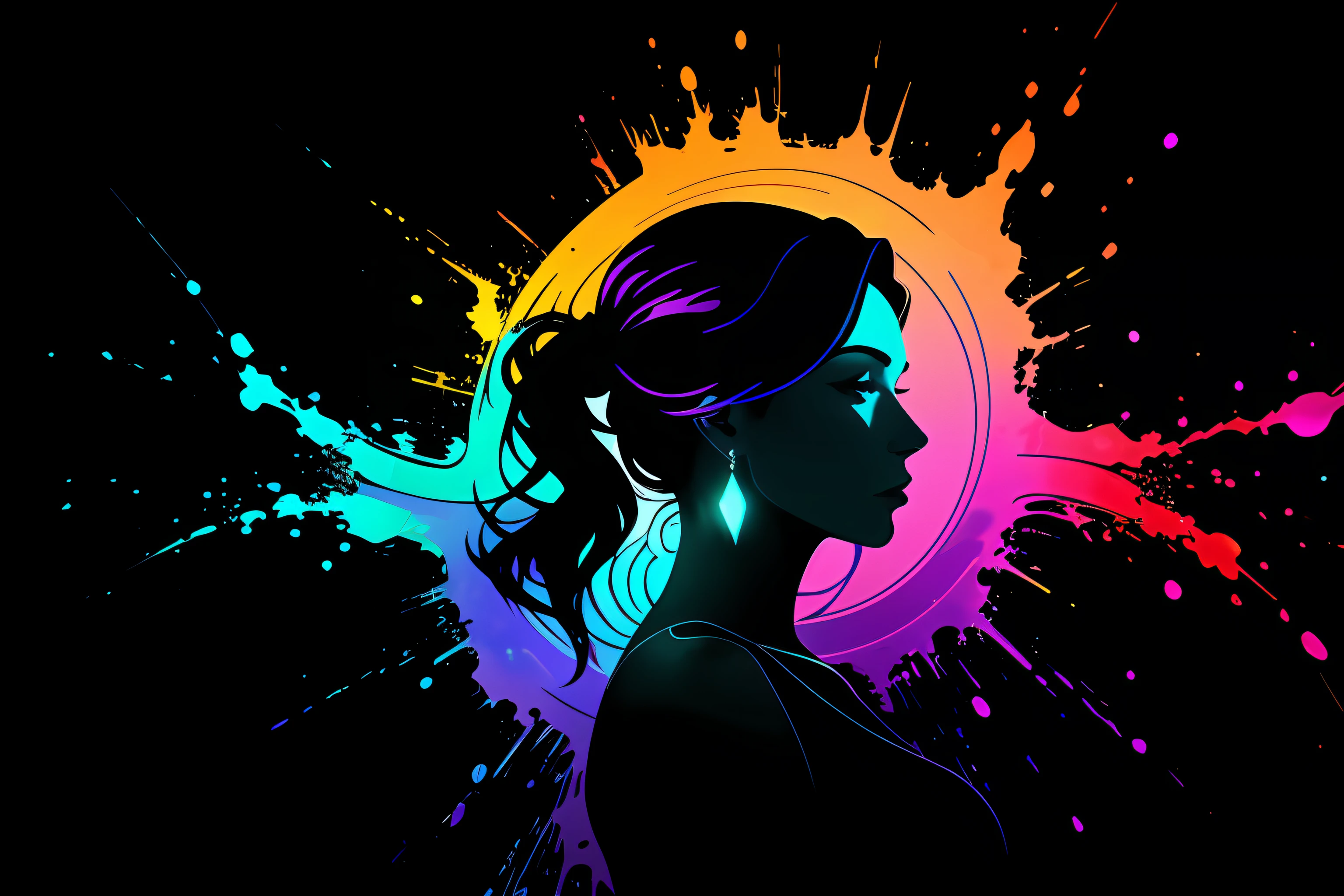 a fine color ink lineart sketching of a woman silhouette with a glossy shiny outline vibrant colors reflective [volumetric] splash, colorful, best quality, elegant, sharp clear art, black background