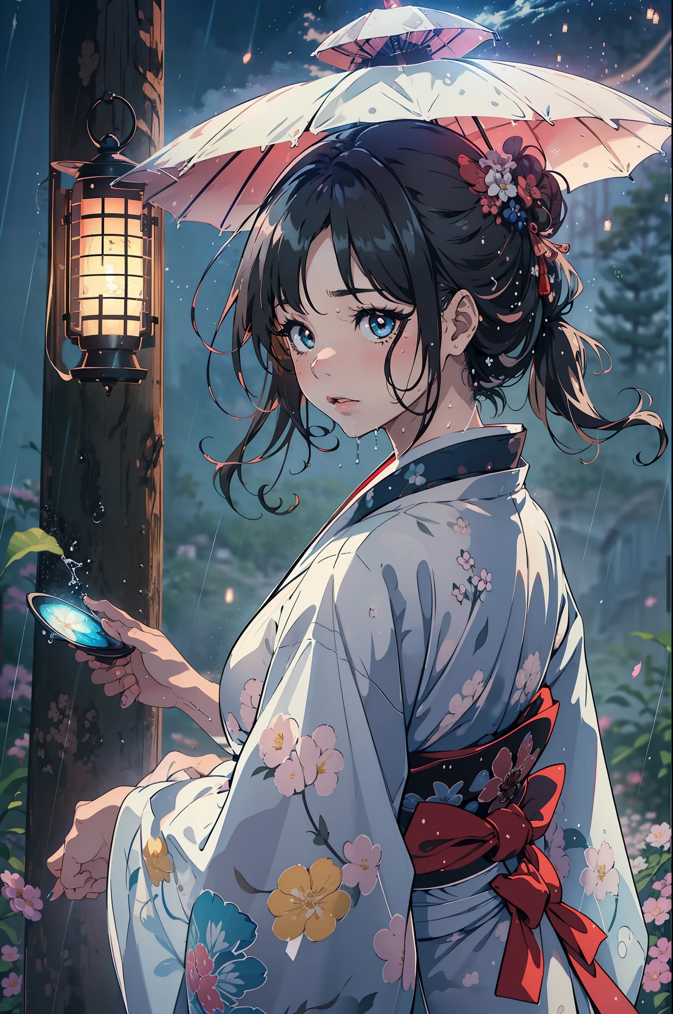 1girl, breasts, moon, lantern, night, solo, large breasts, hair ornament, wet, kimono, japanese clothes, wading, water, hair flower, flower, outdoors, sky, full moon, rain, black hair, off shoulder, mountain, cloud, holding, sash, bare shoulders, paper lantern, standing, white kimono, night sky, sideboob, obi, wet clothes, bangs, tree, from side, reflection, short hair, cloudy sky, wet hair (((masterpiece),(extremely detailed CG unity 8k wallpaper),best quality,,solo,1girl,cinematic lighting,detailed background,beautiful detailed eyes,bright pupils, (an extremely delicate and beautiful),(Beautiful and detailed eye description)， ultra-detailed,masterpiece,))