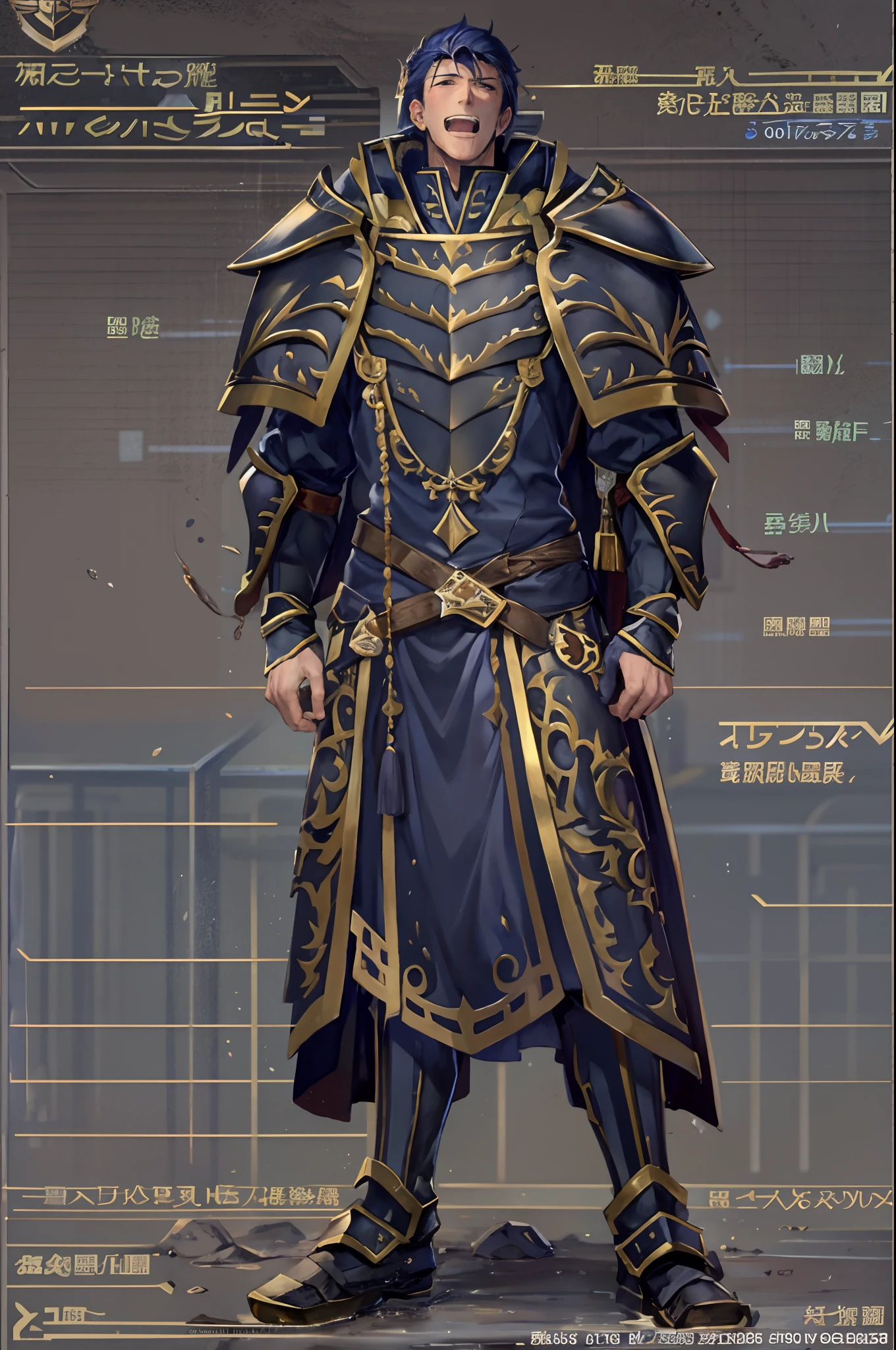 Hector Fey， 独奏， looking at viewert， Teasing laughter， Open your mouth，drools，perspire，Drenched，Get wet，mitts， 1 man， Male focus， sit astride（sit on chair），Cloak， Armour， Shoulder armor， look from down