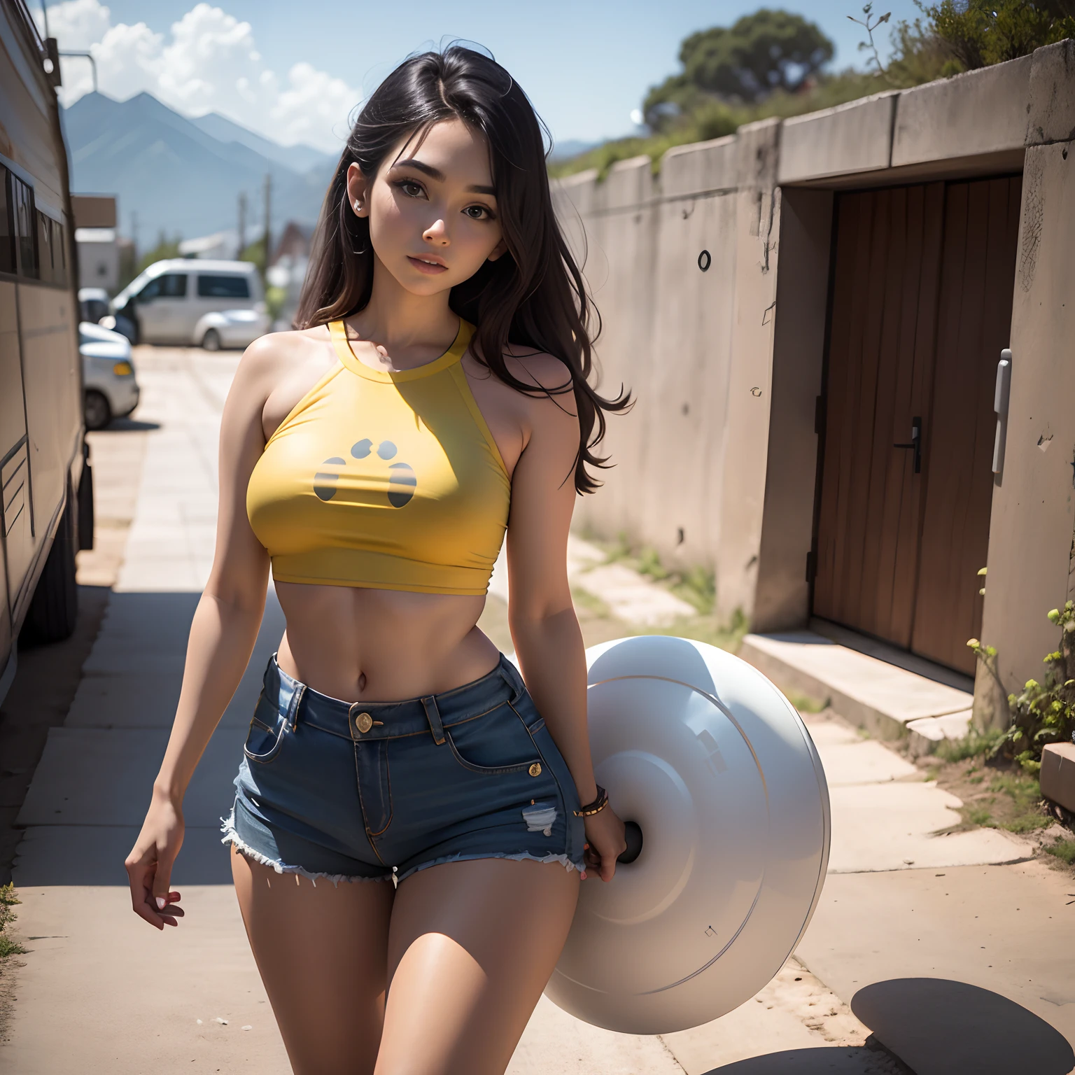 1girl 25 anos, entre seios, seios gigantes, crop top molhado, decote sexy, top decote molhado, nus, no-bra, pikachu, shorts,,bumbum empinado e grande, quadril largo, coxas grossas,obra-prima, melhor qualidade, altamente detalhado