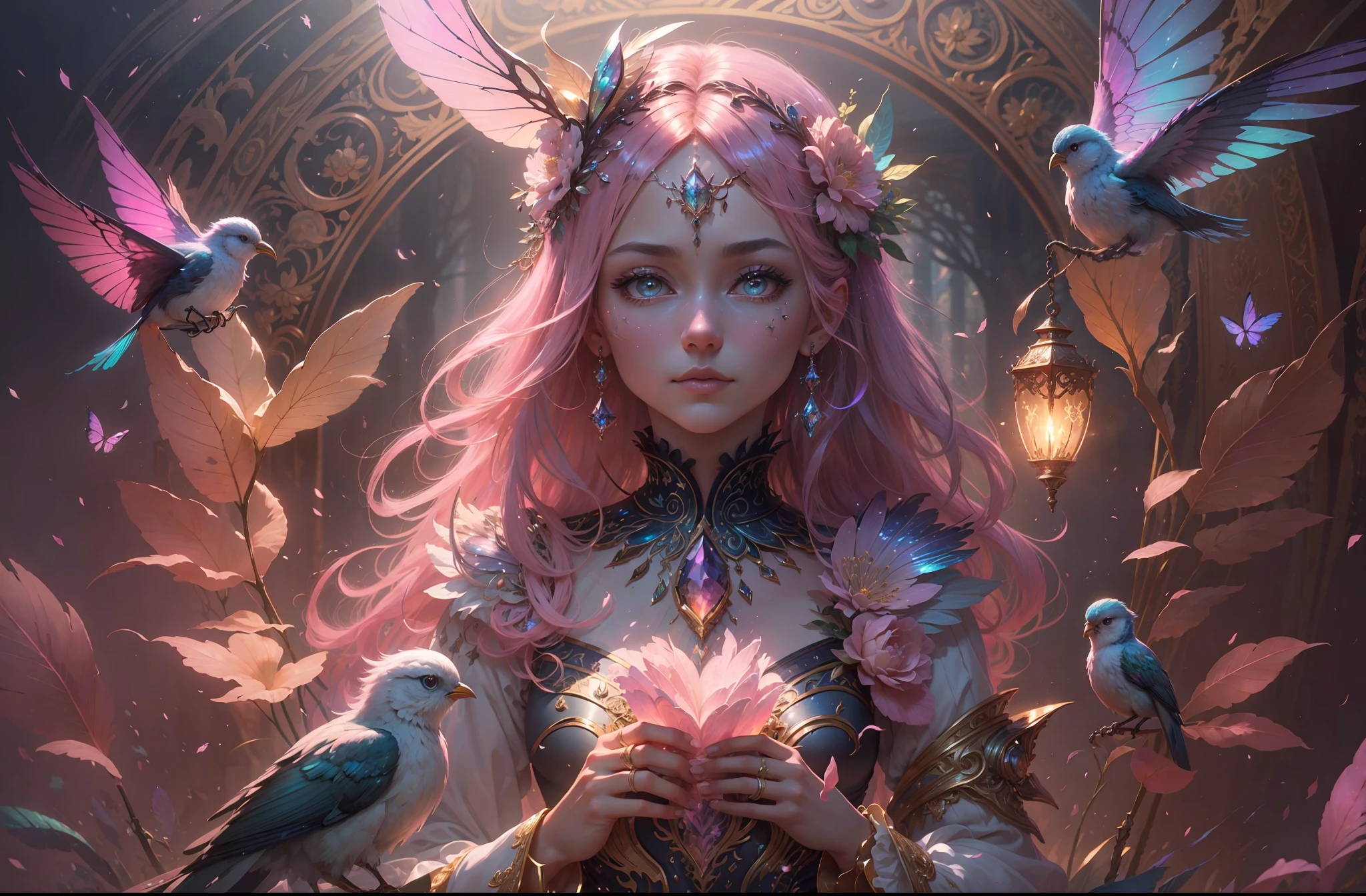 (((masterpiece))), (((best quality))), ((ultra-detailed)),(highly detailed CG illustration), ((an extremely delicate and beautiful)),cinematic light, Create a stunning fantasy artwork that mimics the style of currently trending masters of the genre. The art piece should contain elements of both mythic fantasy and fairytale fantasy with colorful accents. ((Utilize various shades of pink and watercolor pastels as the main color scheme.)) The character in the artwork is a delicate but strong petite figure with an aura of mystery and magic. Pay close attention to intricate facial features, such as mesmerizing eyes with vibrant colors and bold shading. The character's clothing should be designed with gossamer feathers, silk, stunning embroidery, and subtle iridescent details. Incorporate dreamy colors, dynamic lighting, and detailed background elements to create a sense of awe and immersion. Include colorful flying magical birds and jewel-toned butterflies radiating a magical aura. Consider the latest trends in fantasy art, such as incorporating unique lighting effects, exploring dynamic and compelling composition techniques, and experimenting with unique color palettes. Take inspiration from the top artists on ArtStation and Midjourney. Camera: Choose an angle that highlights the character's beauty and enhances the magical majesty of the artwork. Lighting: Utilize atmospheric lighting techniques to create depth and mood. Resolution: Aim for a high-resolution artwork to showcase intricate details and clarity. Art Inspirations: Seek inspiration from the trending artists on ArtStation, exploring different styles, genres, and themes.