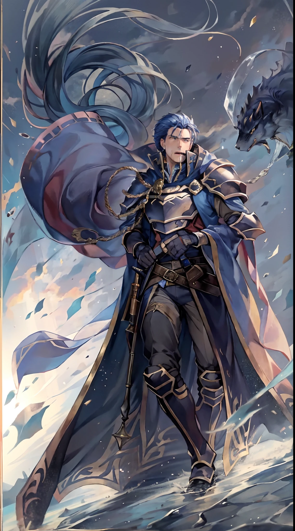 Hector Fey（adult man）， Ultra-high quality CG， 独奏，virile，Tough guy，Man， looking at viewert， with her mouth open，perspire，Tall，Drenched，Get wet，drools， mitts， 1boy， The upper part of the body， malefocus， Skysky， Clouds， cloaks， Armour