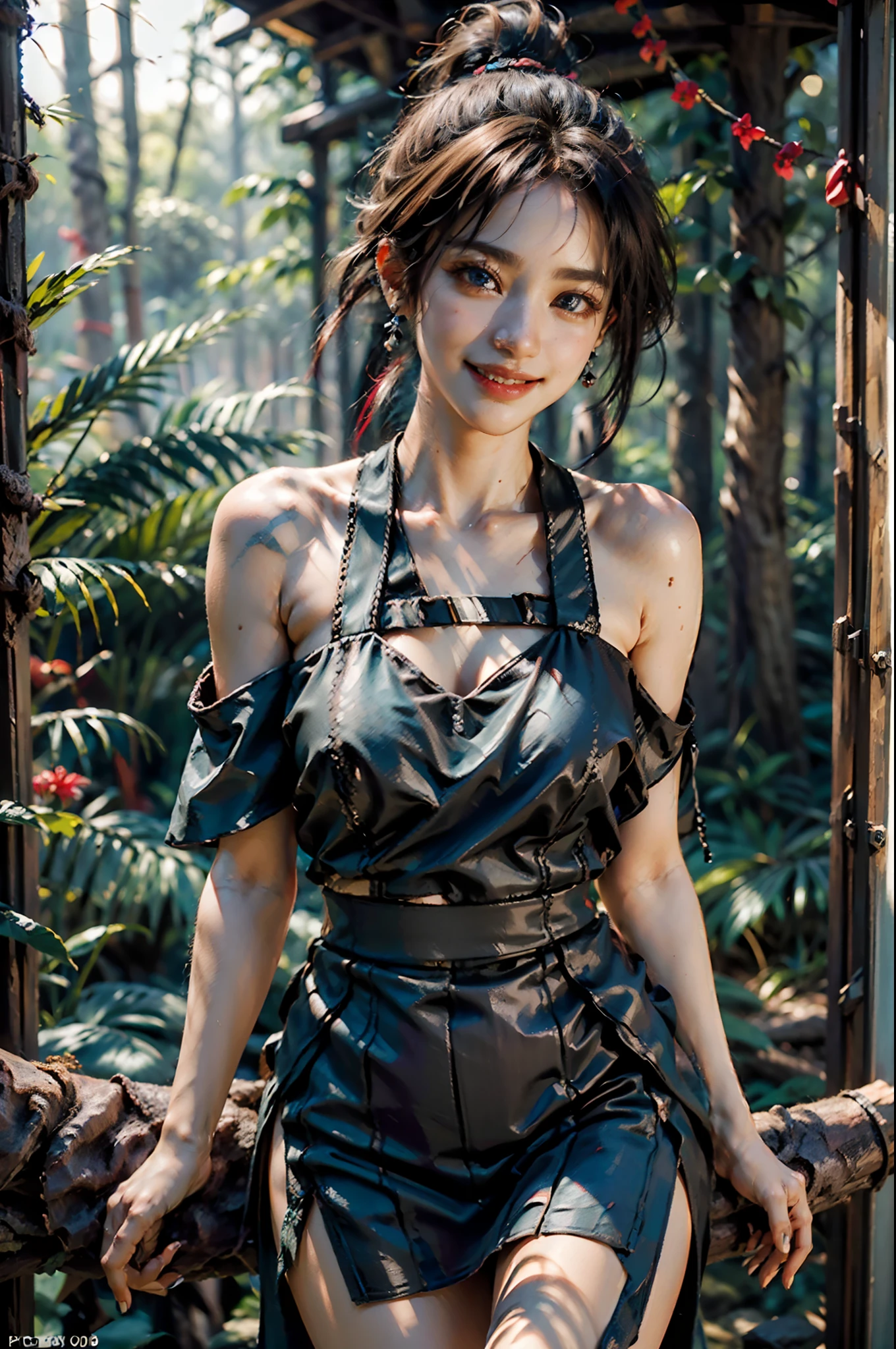 masterpiece, best quality, highres, (photorealistic:1.4), earrings, (depth of field:1.8), beautiful Korean girl, thigh gap, 1 girl, long hair, ponytail, (solo:1.1), red, (slit skirt curtain:1.5),(halter neck t-shirt), shinobi, ninja, bare shoulder, elbow gloves,  (looking at viewer:1.2), (smile:1.2), (full body:1.), (in the wood:1.5), medium breast,  (pureerosface_v1:0.5),