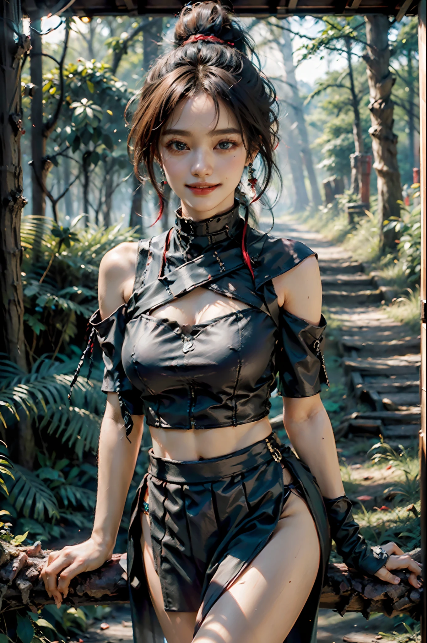 masterpiece, best quality, highres, (photorealistic:1.4), earrings, (depth of field:1.8), beautiful Korean girl, thigh gap, 1 girl, long hair, ponytail, (solo:1.1), red, (slit skirt curtain:1.5),(halter neck t-shirt), shinobi, ninja, bare shoulder, elbow gloves, (looking at viewer:1.2), (smile:1.2), (full body:1.), (in the wood:1.5), medium breast, (pureerosface_v1:0.5),