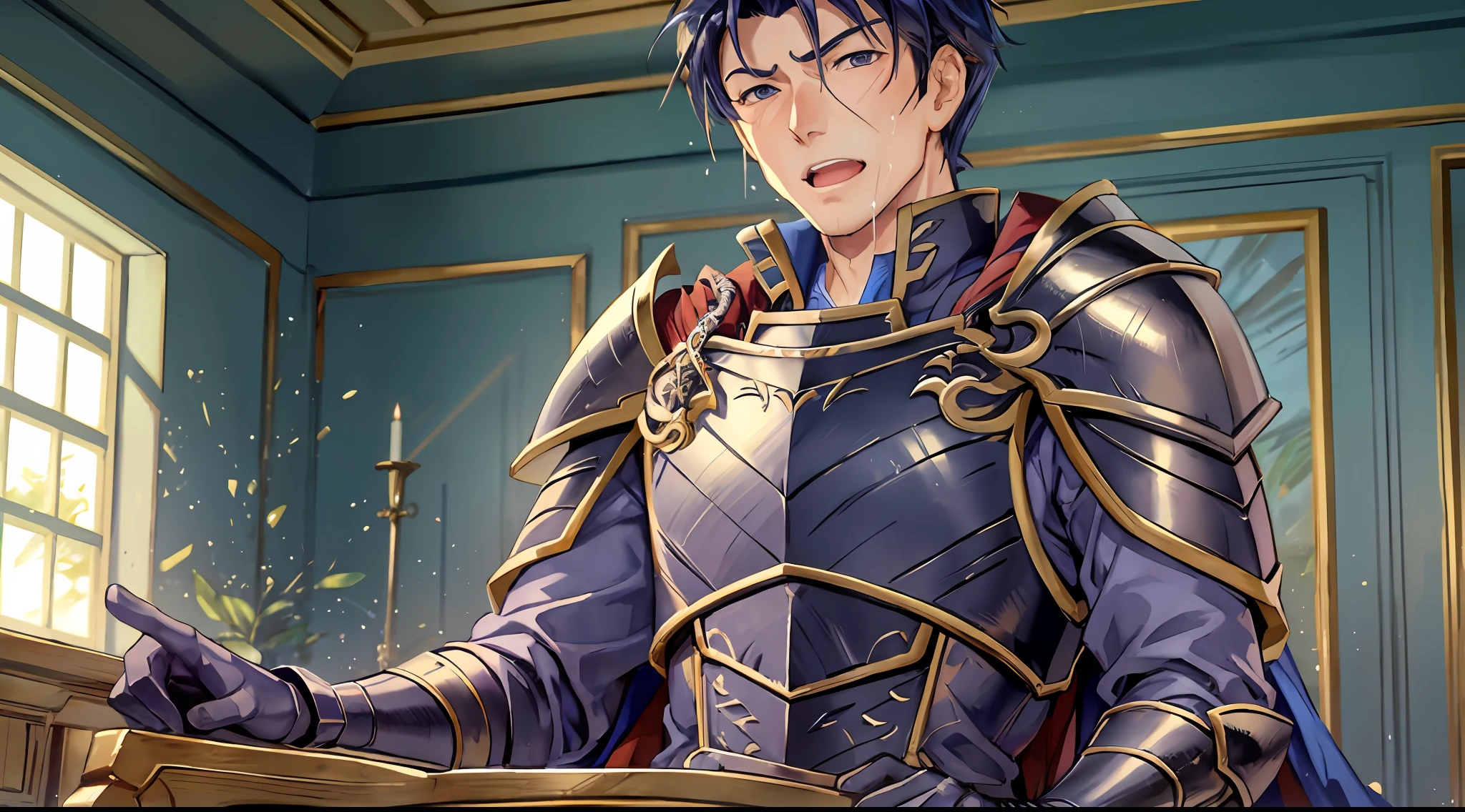 Hector Fey, 独奏, looking at viewert, Teasing laughter, Open your mouth,drools,perspire,Drenched,Get wet,mitts, 1 man, Male focus, sit astride(sit on chair),Cloak, Armour, Shoulder armor, look from down