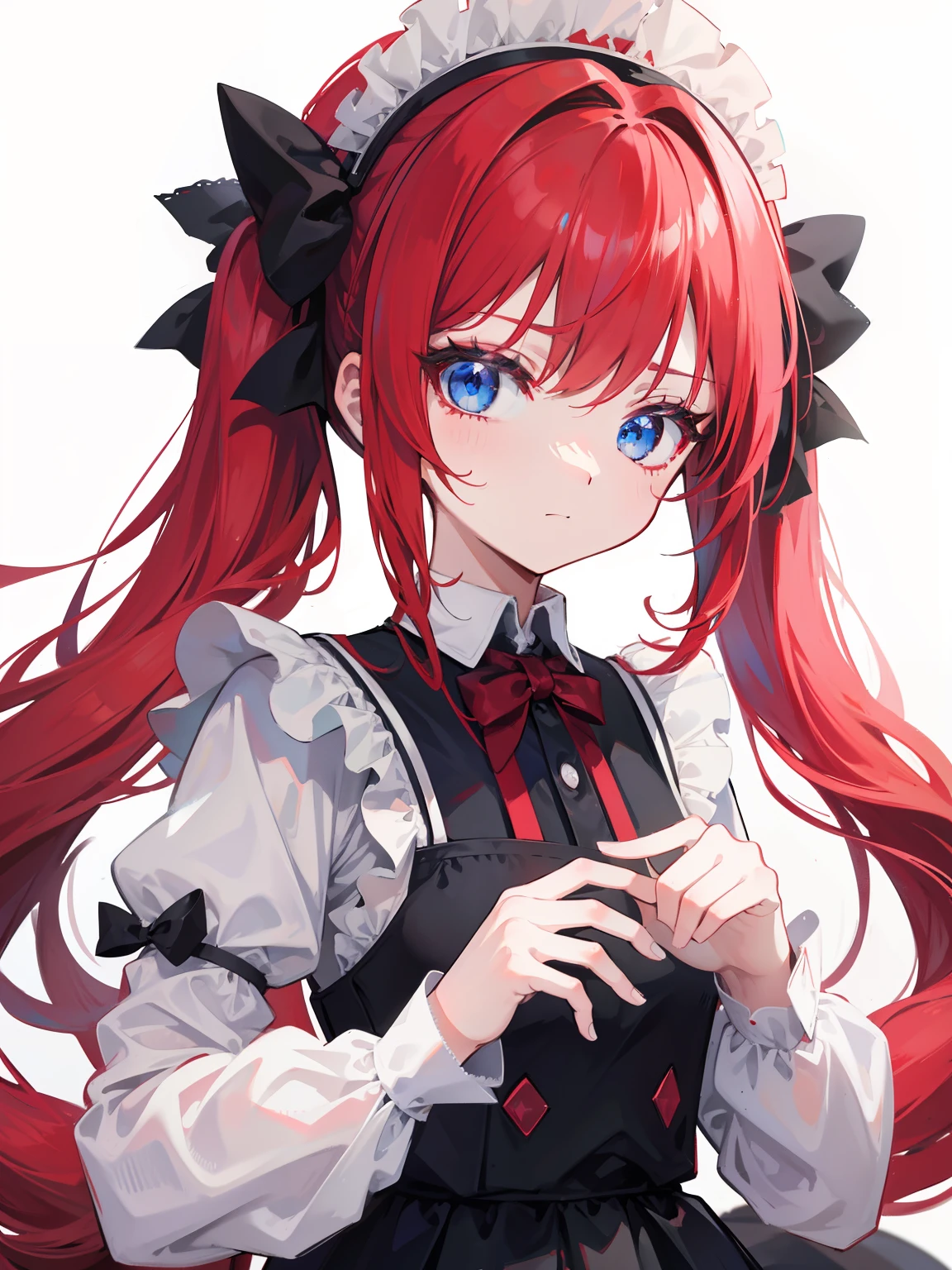 red hair,blue eyes,twintails,maid, long hair, long sleeves, gothic, solo, ,{{best quality}}, {{masterpiece}}, {{ultra-detailed}}, {illustration}, {detailed light}, {an extremely delicate and beautiful},