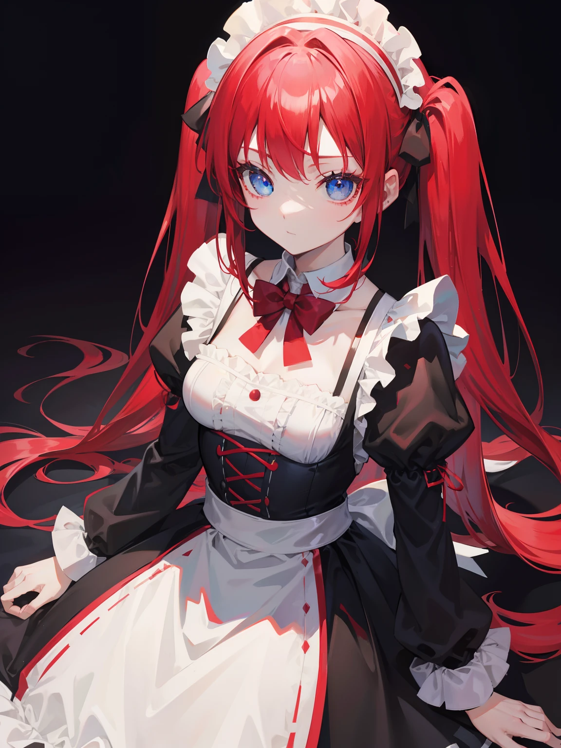red hair,blue eyes,twintails,maid, long hair, long sleeves, gothic, solo, loli,{{best quality}}, {{masterpiece}}, {{ultra-detailed}}, {illustration}, {detailed light}, {an extremely delicate and beautiful},