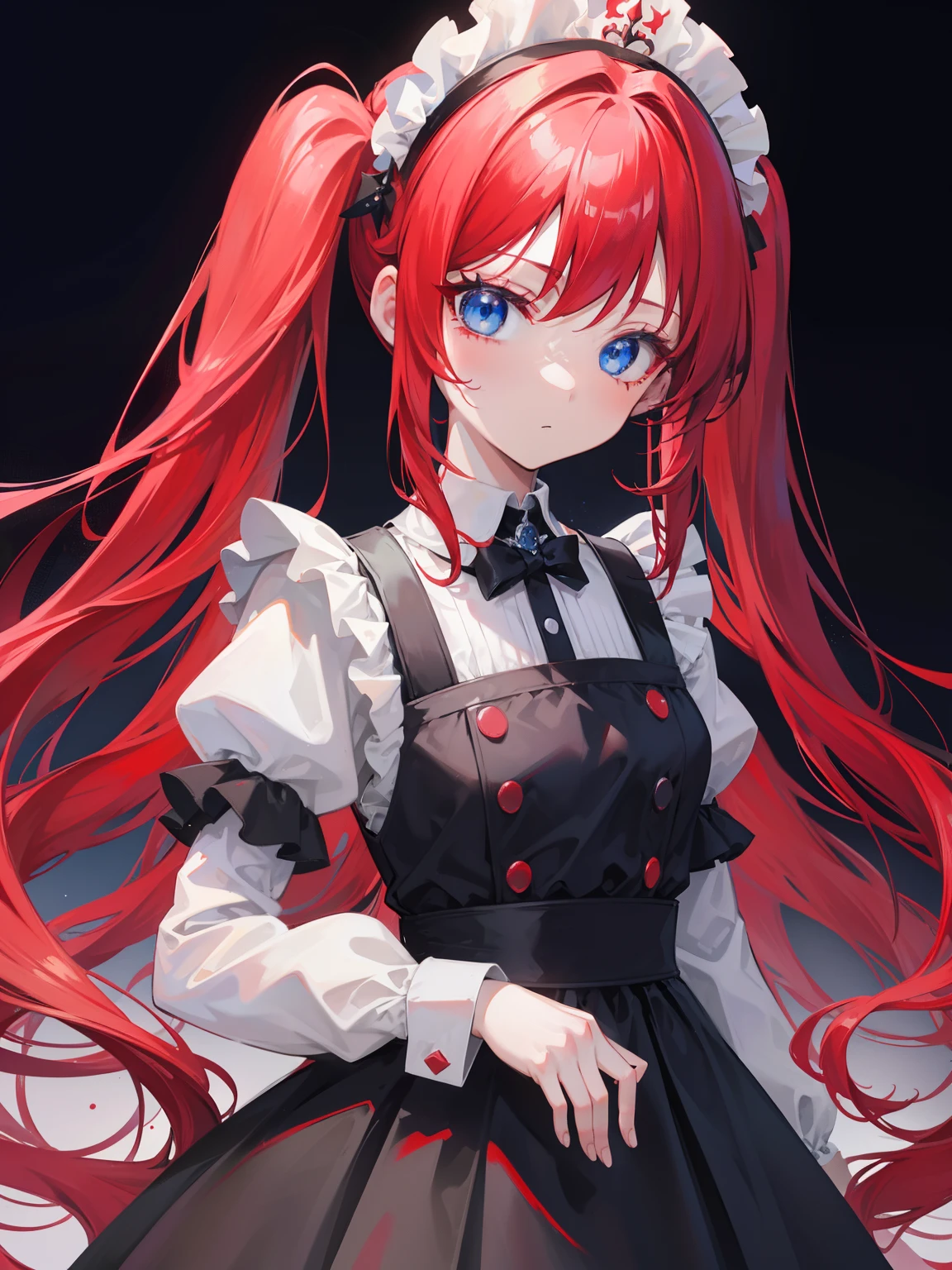 red hair,blue eyes,twintails,maid, long hair, long sleeves, gothic, solo, loli,{{best quality}}, {{masterpiece}}, {{ultra-detailed}}, {illustration}, {detailed light}, {an extremely delicate and beautiful},