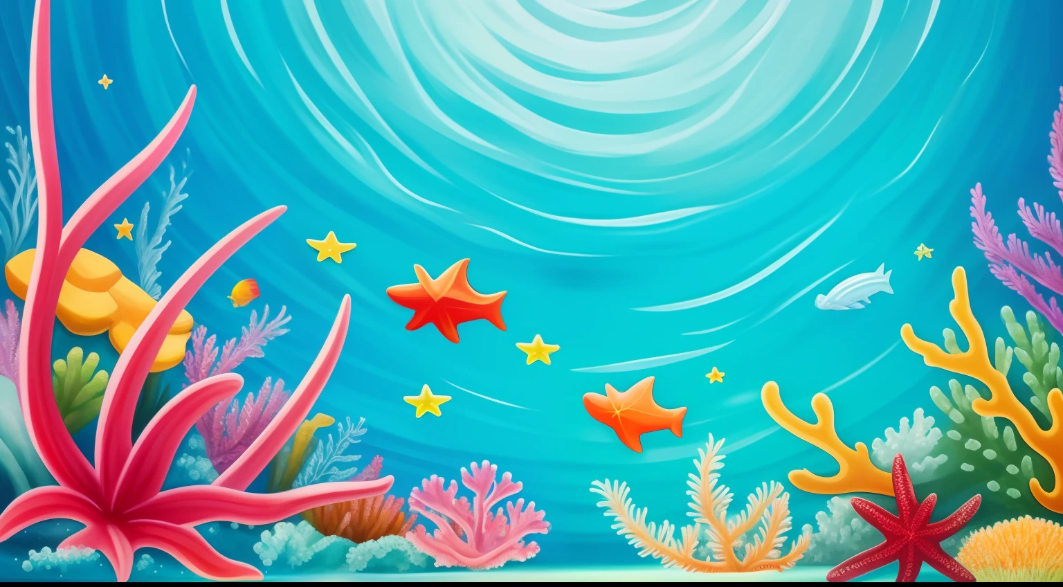 cartoonish style: This steady diffusion painting depicts a lovely starfish dancing lightly in the water. in the background, We can see some seaweed and coral reefs,Spice up your images