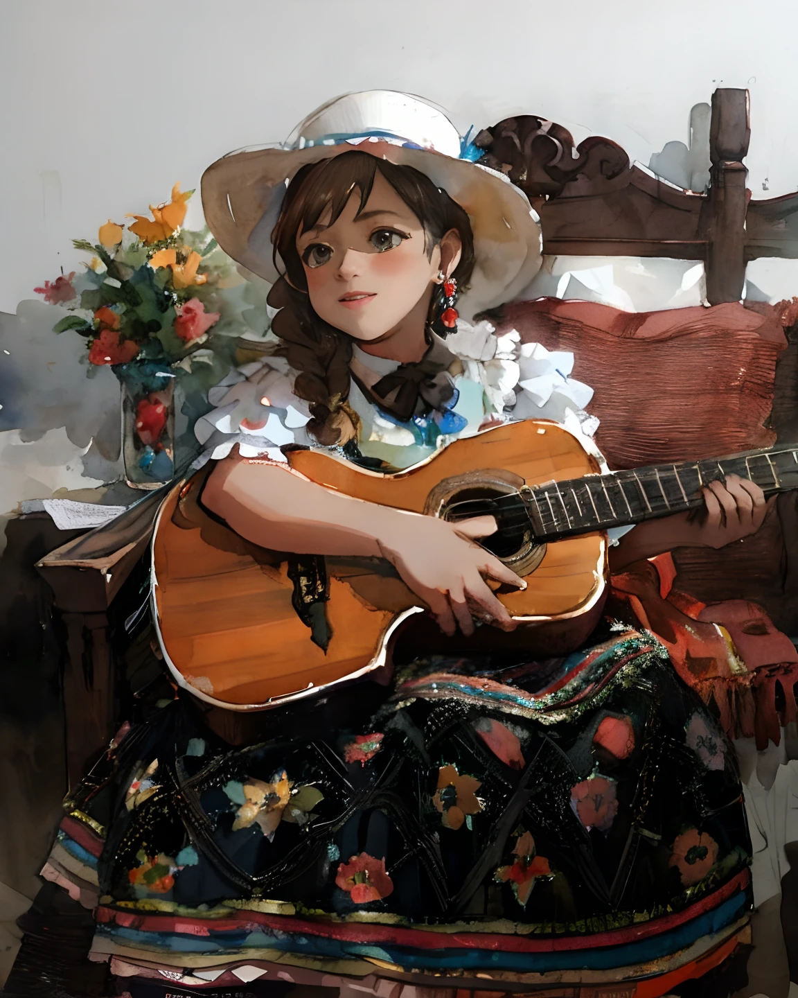 Watercolor style illustration, tinta, colores vivos, Chica vestida con traje tradicional tocando la guitarra, folkloric, vestido tradicional colombiano, campesina santandereana, profusamente vestido, vestido detallado, traje bordado, Chica con trenzas con sombrero, rostro latino, fondo desvanecido, manchas de tinta, watercolor