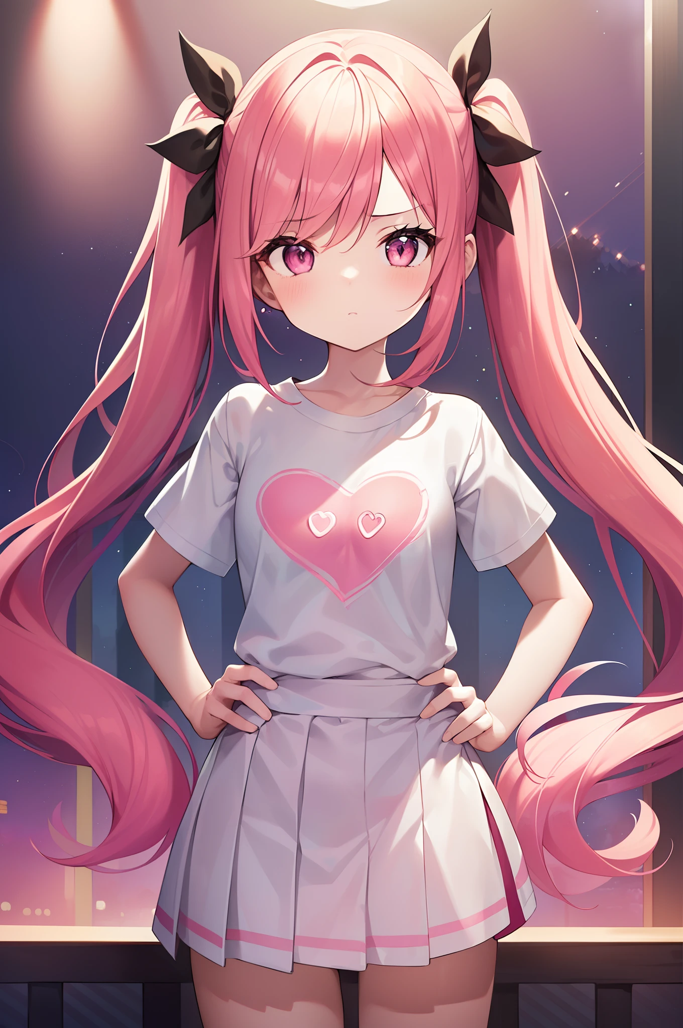 1girl. pink hair.long hair.twintails.{li}.short stature.small breast.white t-shirts.skirt. (((masterpiece))).(((best quality))).)((ultra-detailed))).(((illustration))). (((put your hands on your hips))).(((night view))).(((Heart on chest))).make a fist.