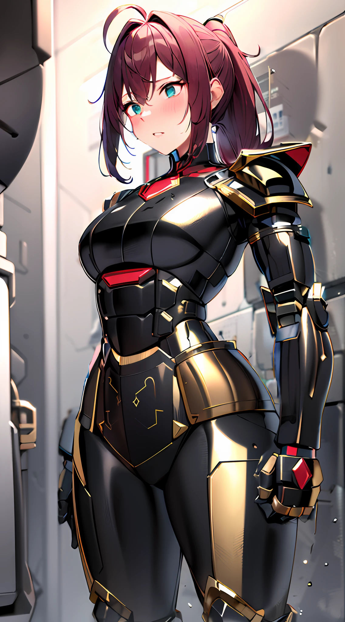 Thick bulky armor, heavily armored wait, obsidian gold armor with red accents