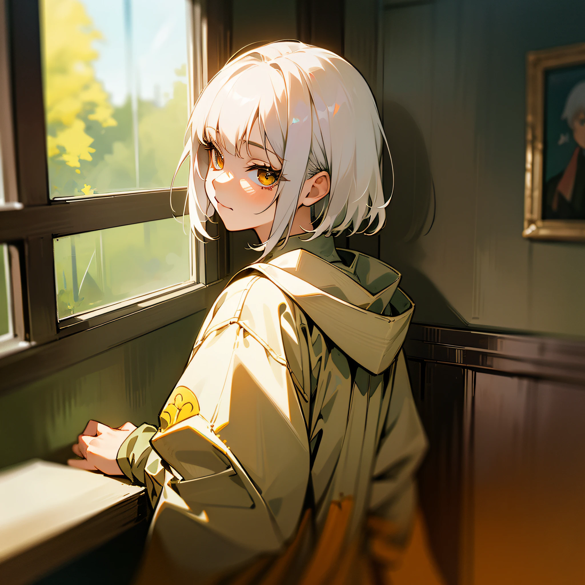 MKSKS style, (highly detailed back ground:1.0), (highly detailed back ground:1.0), 1 Portrait of a girl, full_Body, up looking_で_viewer, parka, short-haired, white  hair, partially_Unzip, ​masterpiece, top-quality, (1girl in, 独奏, girl with:1.2), Sit by the window, chromatic abberation, depth of fields, Soft lighting,