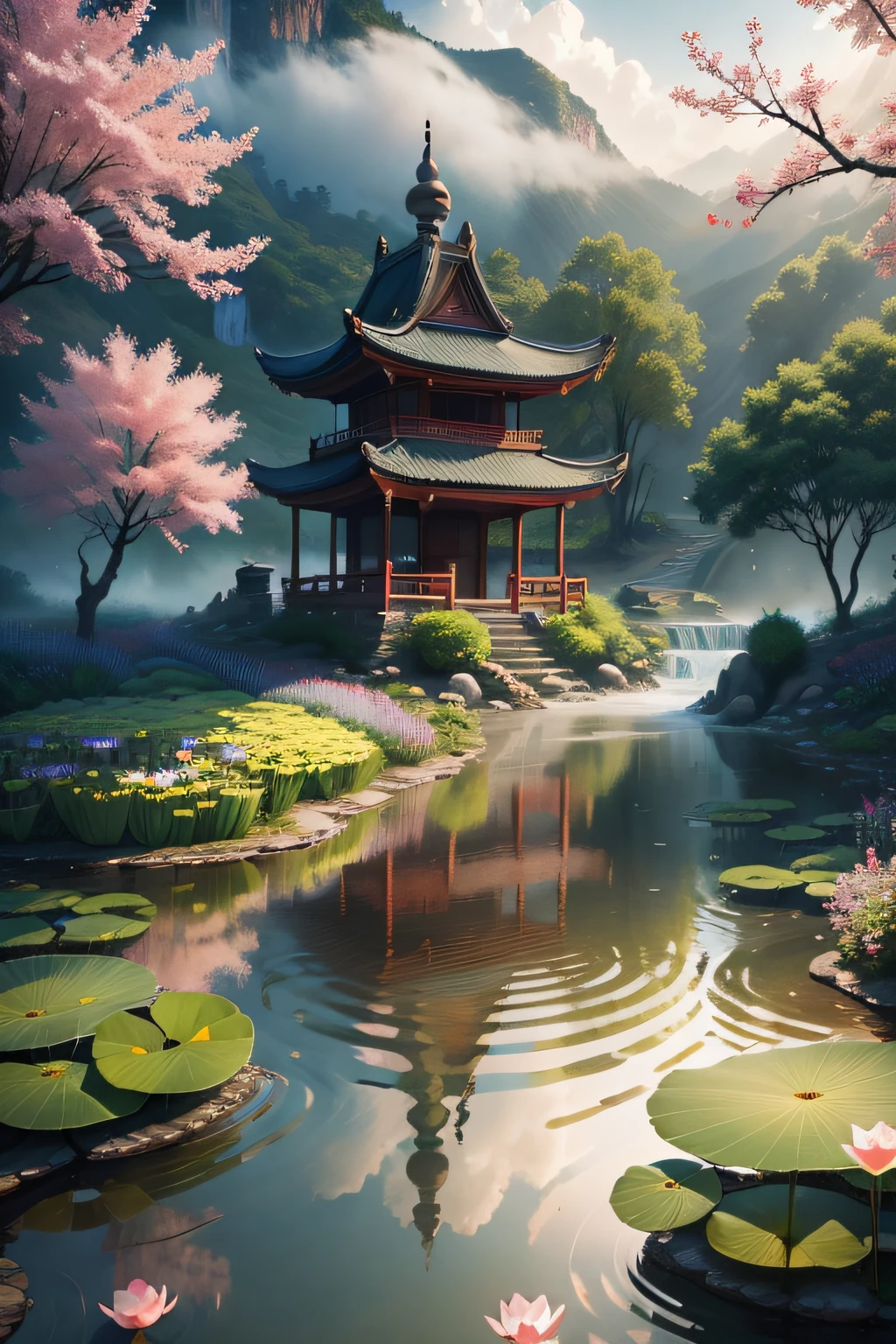 A painting of a pagoda and a pond with water lillies - SeaArt AI