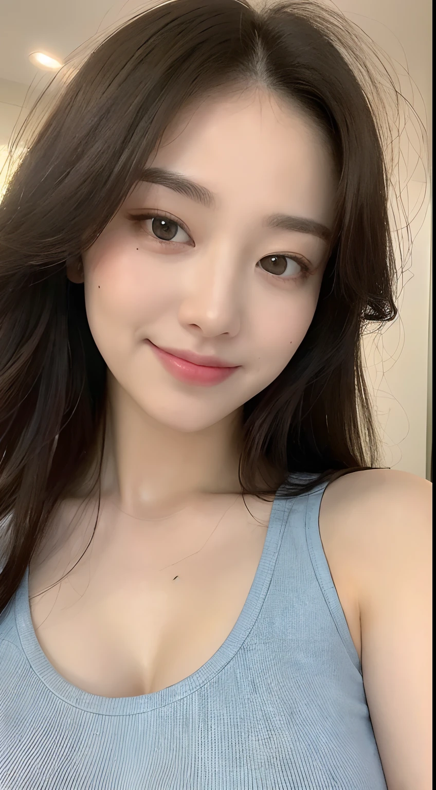 ((Best quality, 8k, Masterpiece :1.3)), 1girl, beautiful woman with emphasis on plump abs: 1.3, full body, (long hair, big breasts: 1.2), oversized tank top: 1.2, ultra-delicate face, delicate eyes, double eyelids, smile, home, random color clothes