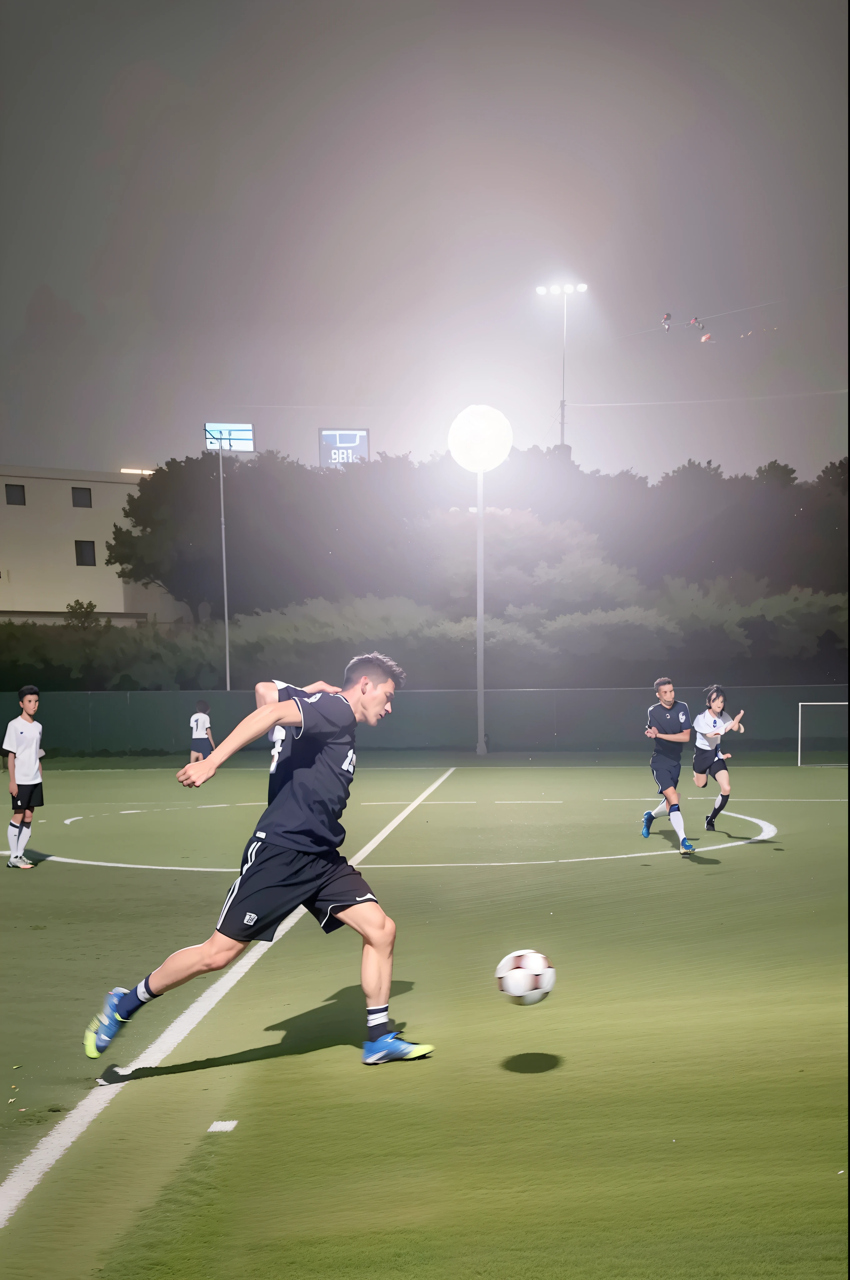 A great group of footballers，Good bro，They play football on the pitch at night, taken with canon 8 0 d, action  shot, play soccer, best qualtiy， tmasterpiece， 超A high resolution， （realisticlying：1.5）， RAW photogr，in the darkness nigth， deep shading， low tune， cold light， short detailed hair，Black hair, surrealism, surrealism, Cinematic lighting, 8K, Super detail, High details, High quality, Award-Awarded, A high resolution, 16k, Anatomically correct, Textured skin