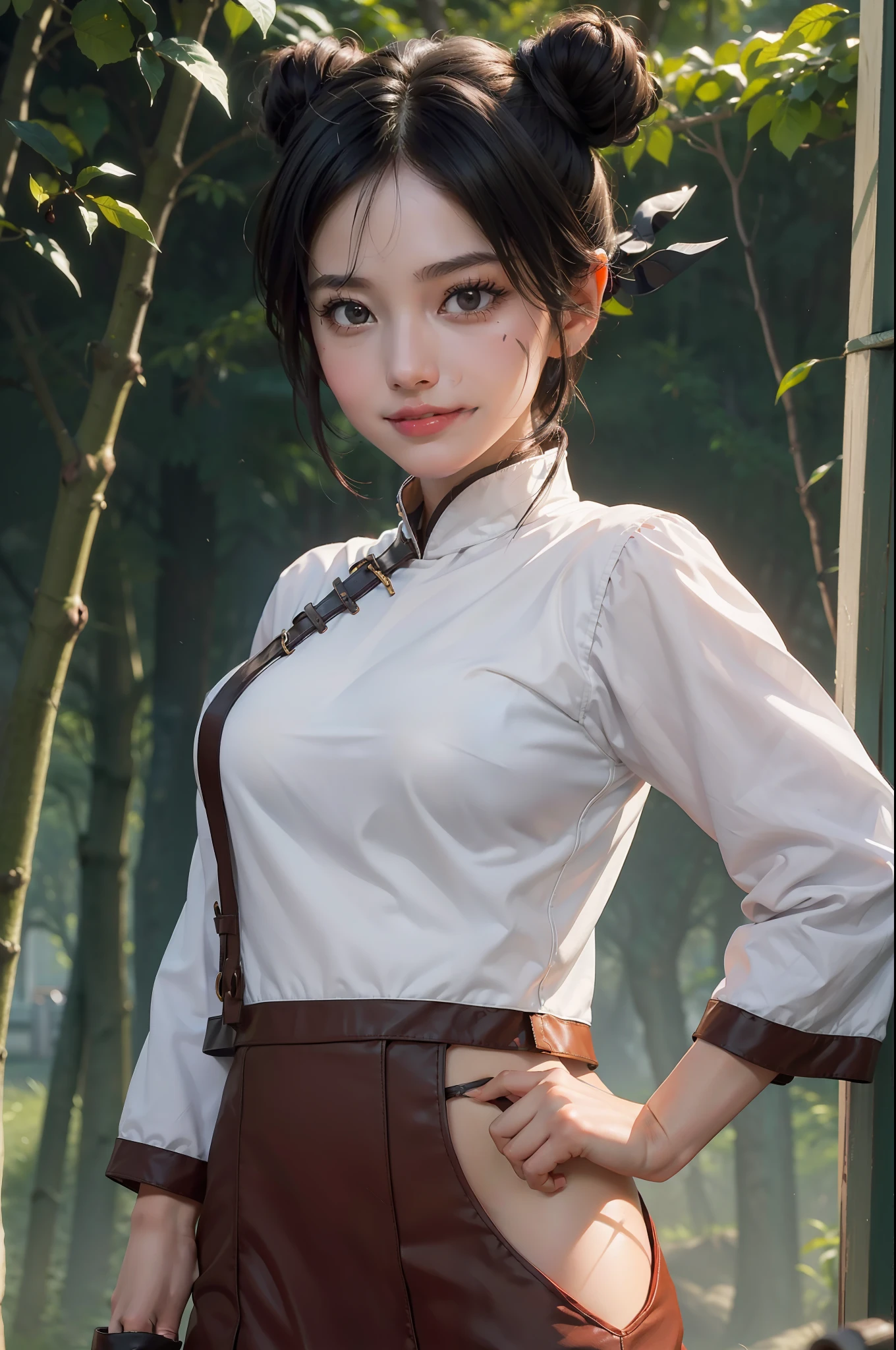 1girl, (8k, RAW photo, best quality, masterpiece:1.2), (ultra highres:1.0),detailed illustration, (real person,fashion photography portrait,photograph), detailed, detailed beautiful skin, (realistic, photo-realistic:1.37), tentenNS, solo, professional lighting, black dress), village, east asian architecture, trees, village hidden in the leaves background,looking_at_viewer, smile,black hair,brown eyes,mitain,toeless footwear,kunai,facial mark,fighting_stance,fence,ninja,adjusting gloves,sleeveless,cleavage, very big breasts