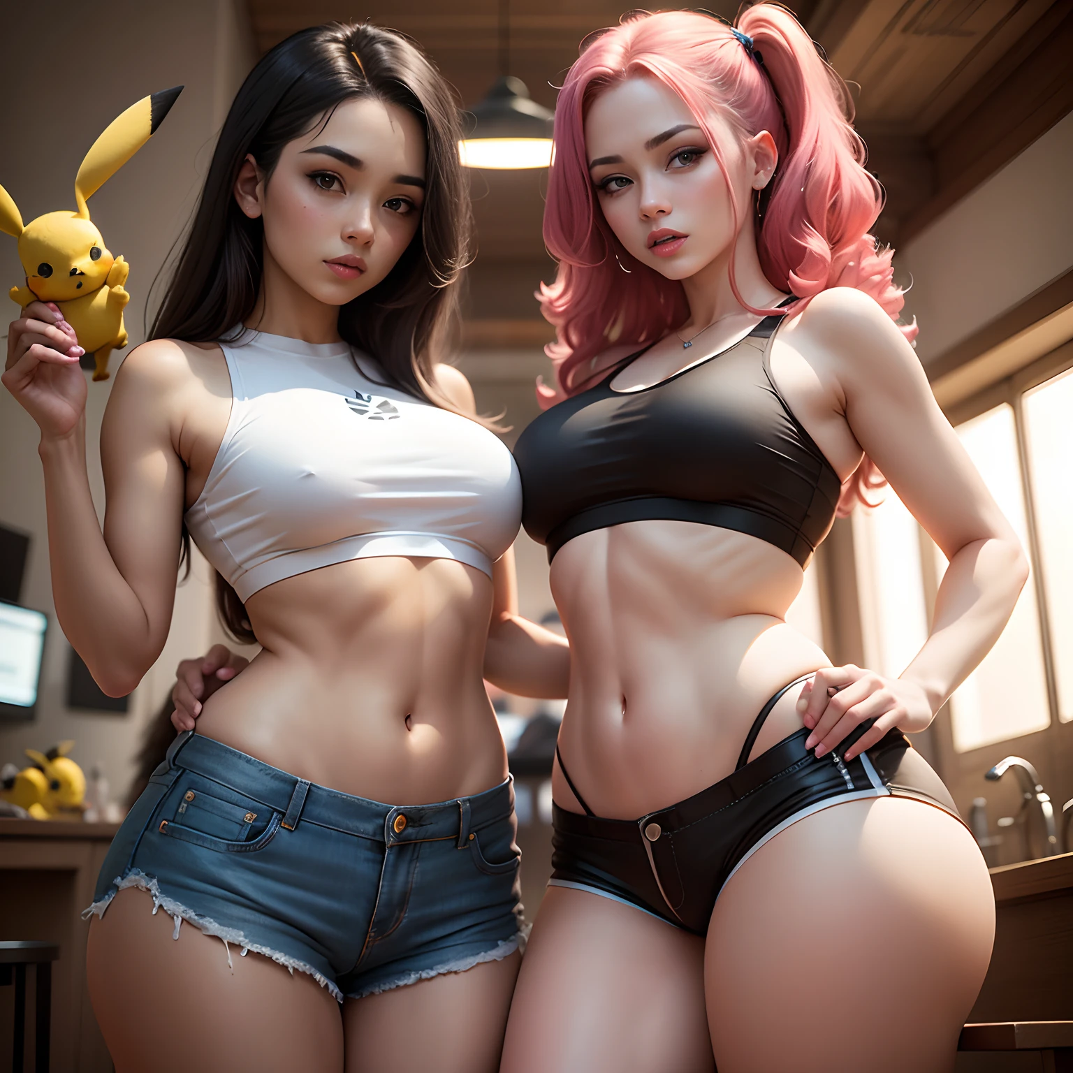 2girl 25 anos, entre seios, seios gigantes, crop top, decote sexy, top decote molhado, nus, no-bra, pikachu, shorts,,bumbum empinado e grande, coxas grossas,obra-prima, melhor qualidade, altamente detalhado