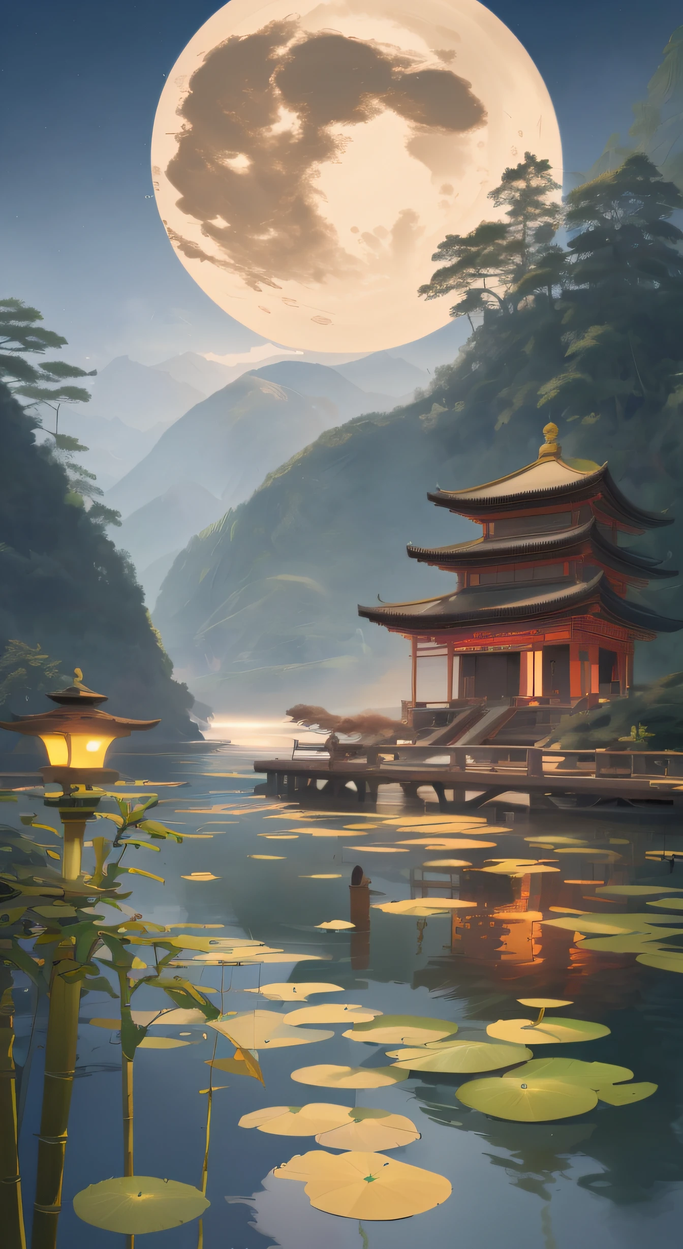 Draw a pagoda and a lake，In the foreground is a water lily pad, digital painting of a pagoda, Detailed painting 4 K, ross tran. scenery background, G Liulian art style, artstation painting, drawn in anime painter studio, 8k resolution digital painting, 8 k resolution digital painting, trending on artstation pixiv, 4 k digital painting