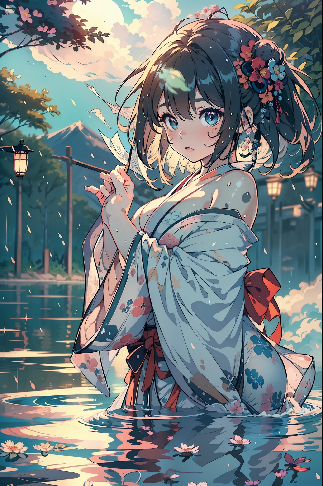 1girl, breasts, moon, lantern, night, solo, large breasts, hair ornament, wet, kimono, japanese clothes, wading, water, hair flower, flower, outdoors, sky, full moon, rain, black hair, off shoulder, mountain, cloud, holding, sash, bare shoulders, paper lantern, standing, white kimono, night sky, sideboob, obi, wet clothes, bangs, tree, from side, reflection, short hair, cloudy sky, wet hair (((masterpiece),(extremely detailed CG unity 8k wallpaper),best quality,,solo,1girl,cinematic lighting,detailed background,beautiful detailed eyes,bright pupils, (an extremely delicate and beautiful),(Beautiful and detailed eye description), ultra-detailed,masterpiece,))