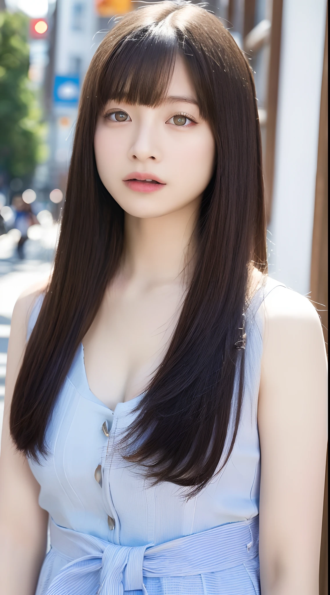 ((top-quality、8K、masterpiece:1.3))、Detail Women:1.3、(Medium Hair、Colossal tits:1.4)、Clothes that emphasize the chest very much、Clothes with open cleavage、Clothes that expose a lot of skin、ultra -detail、the detail、eyelid、Streets of Tokyo