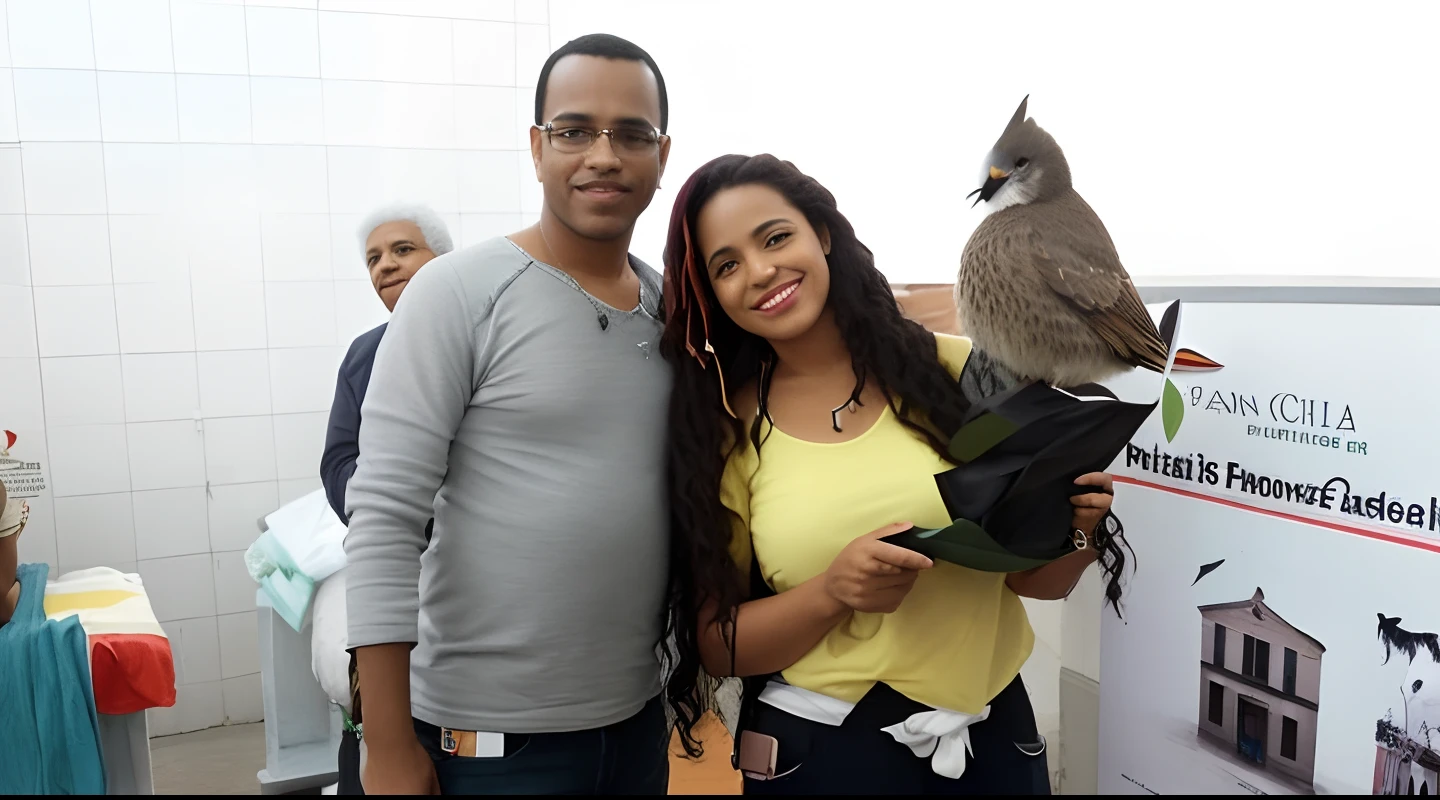 Smiling couple posing with a bird in front of a sign, Directed by: Willian Murai, Mulher de 30 anos de Cuba, com um brilhante, arte deslumbrante, edu souza, Parece Fabiula Nascimento, Directed by: Fernando Gerassi, com ela longa, Aida Muluneh, by Rodolfo Amoedo, seu madruga, Directed by: Felipe Seade