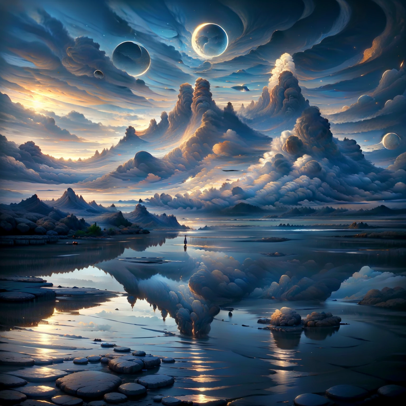 (enlarged: 1.1), mountains and a lake with a moon in the sky, 4k highly detailed digital art, 4k hd very detailed wallpaper, stunning fantasy landscape, sci-fi fantasy desktop wallpaper, unreal engine 4k wallpaper, 4k detailed digital art, sci-fi fantasy wallpaper, epic dreamlike fantasy landscape, 4k hd matte digital painting, 8k stunning art