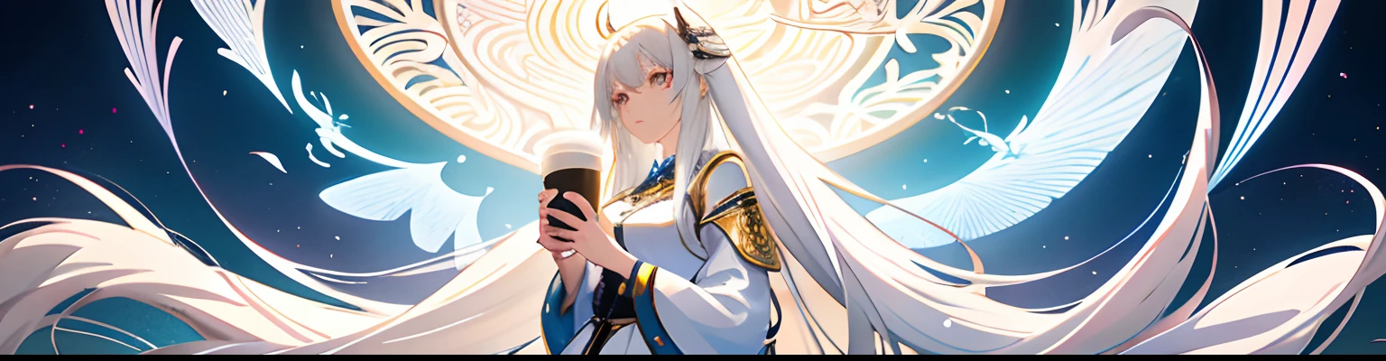 Anime girl with long white hair holding a cup of coffee, Anime fantasy illustration, beautiful fantasy anime, Anime fantasy artwork, white-haired god, Beautiful anime artwork, Girl with white hair, anime in fantasy style, Beautiful anime art, anime girl profile, Digital anime art, white haired lady, Anime art wallpaper 8 K, Anime art wallpaper 4 K