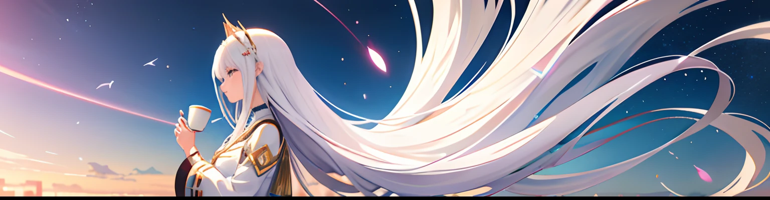 Anime girl with long white hair holding a cup of coffee, Anime fantasy illustration, beautiful fantasy anime, Anime fantasy artwork, white-haired god, Beautiful anime artwork, Girl with white hair, anime in fantasy style, Beautiful anime art, anime girl profile, Digital anime art, white haired lady, Anime art wallpaper 8 K, Anime art wallpaper 4 K