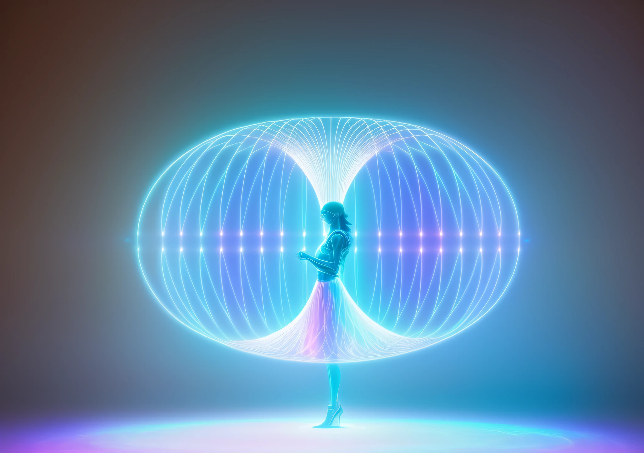 arafed image of a woman standing in a ball of light, 3 d neon art of a womens body, telekinetic aura, ethereal hologram center, digital illustration radiating, cosmic energy wires, diffuse lightpainting, lightpainting luminescent, holographic projection, consciousness projection, lightpainting motion blur, radiating a glowing aura, white glowing aura