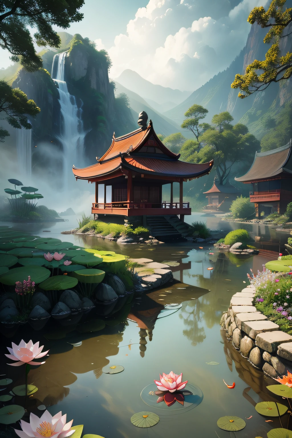 mountain water,China-style,small bridge flowing water,Red koi,The fish,Lotus flowers in the water,Fogging in the water,Under the eaves,In the yard,Totem four sides,Red tree,large scene,White gray background,Small pavilion,ink wash style,Peach blossoms fall,Look at the flowers in the fog,Fairyland on earth,Lotus flowers in the water,surrounded by cloud,HD 4K,3D,Texture