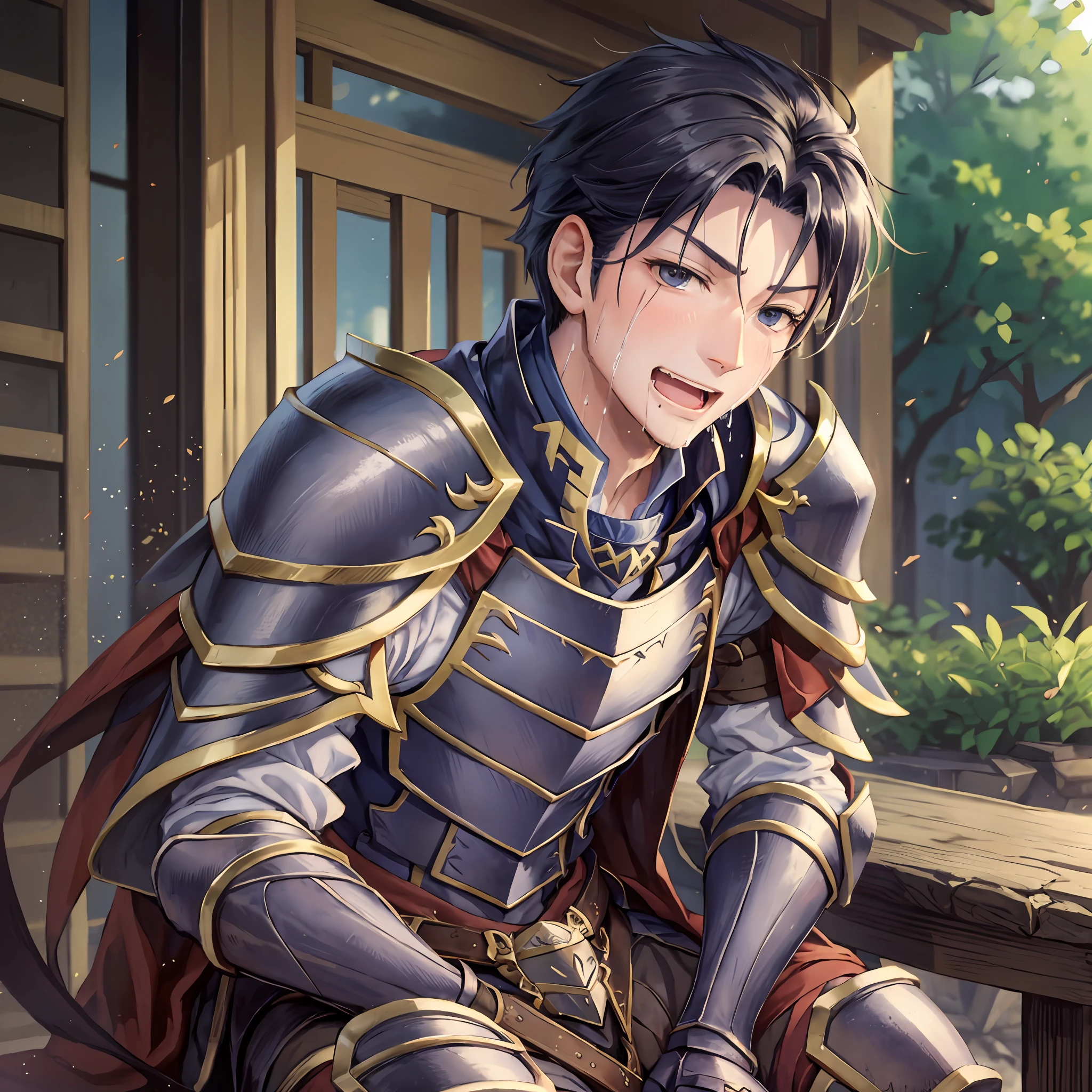 Hector Fey， 独奏， looking at viewert， Teasing laughter， Open your mouth，drools，perspire，Drenched，Get wet，mitts， 1 man， Male focus， sit astride（sit on chair），Cloak， Armour， Shoulder armor， look from down