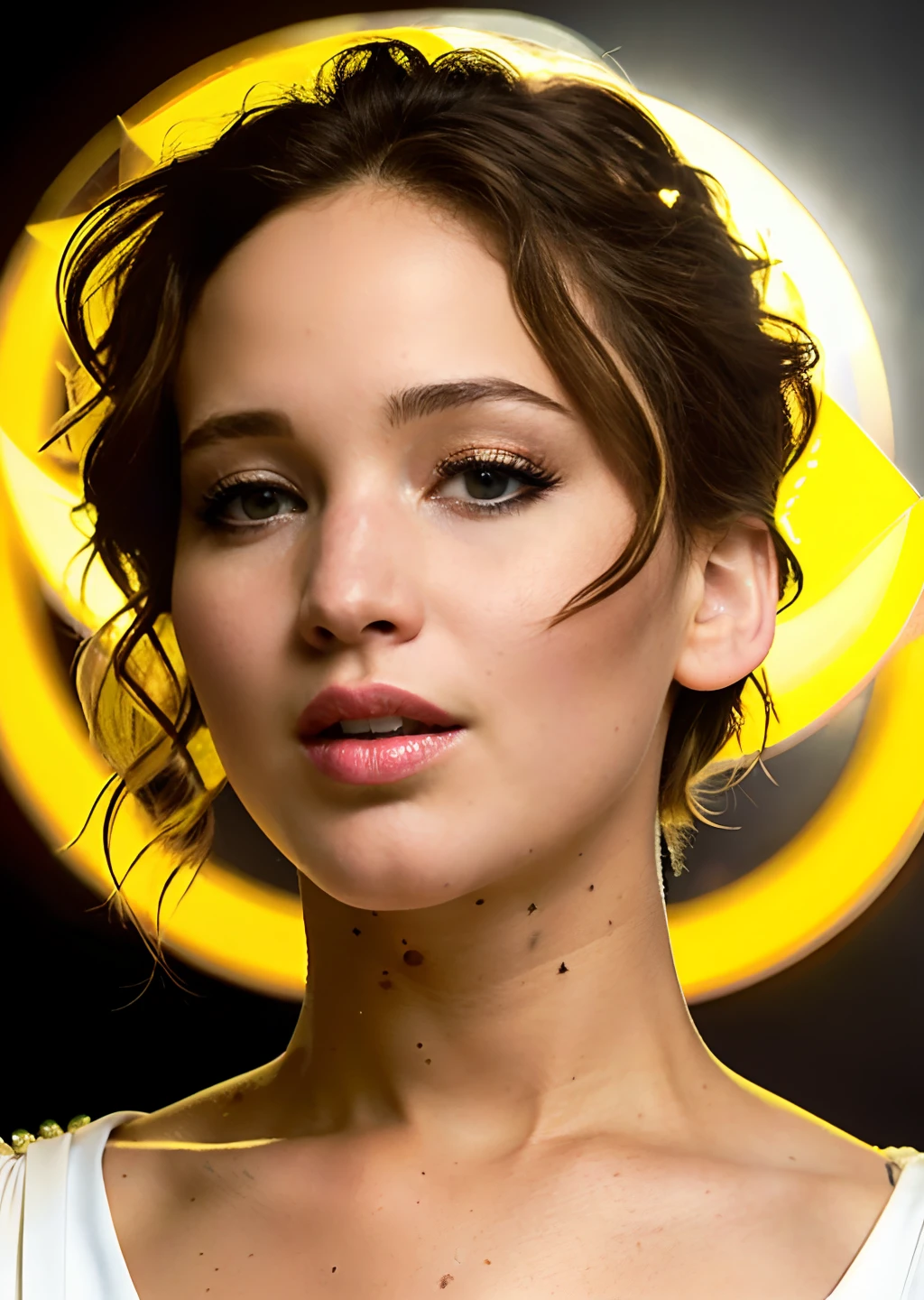 Jennifer Lawrence, (masterpiece,best quality, ultra realistic,32k,RAW photo,detailed skin, 8k uhd, dslr,high quality:1.3), film gain, origami style \n1lady, Bare shoulder, Alabaster hair, short hair, zebra print Skinny jeans and button-down shirt,Grilled meat . paper art, pleated paper, folded, origami art, pleats, cut and fold, centered composition, a symbol, a copy of a facsimile, never one - to - one, creation is in the entropy. mandala - yin - yang this side the hyperplane, seeing all sides a bit insane, perfect glass diamond a prison prisms light, sheen shine divine a mirror - box plight. also, a fursuit., (coloful,\ud83c\udf08:1.1), by karol bak, tom bagshaw, rococo, sharp focus, trending on artstation, cinematic lighting, hyper realism, octane render, 8 k, hyper detailed
 short hair , Burgundy hair,lady,  brown eyes, dark white Boots, freckles,
(Yellow gradient background, simple background:1.3), (masterpiece,best quality:1.5)