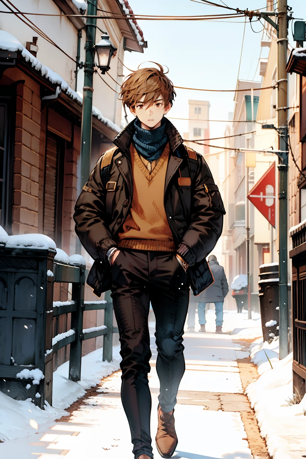 young boy, brown hair, in a snow, cold clothes, blue sweater, black pants, 4k