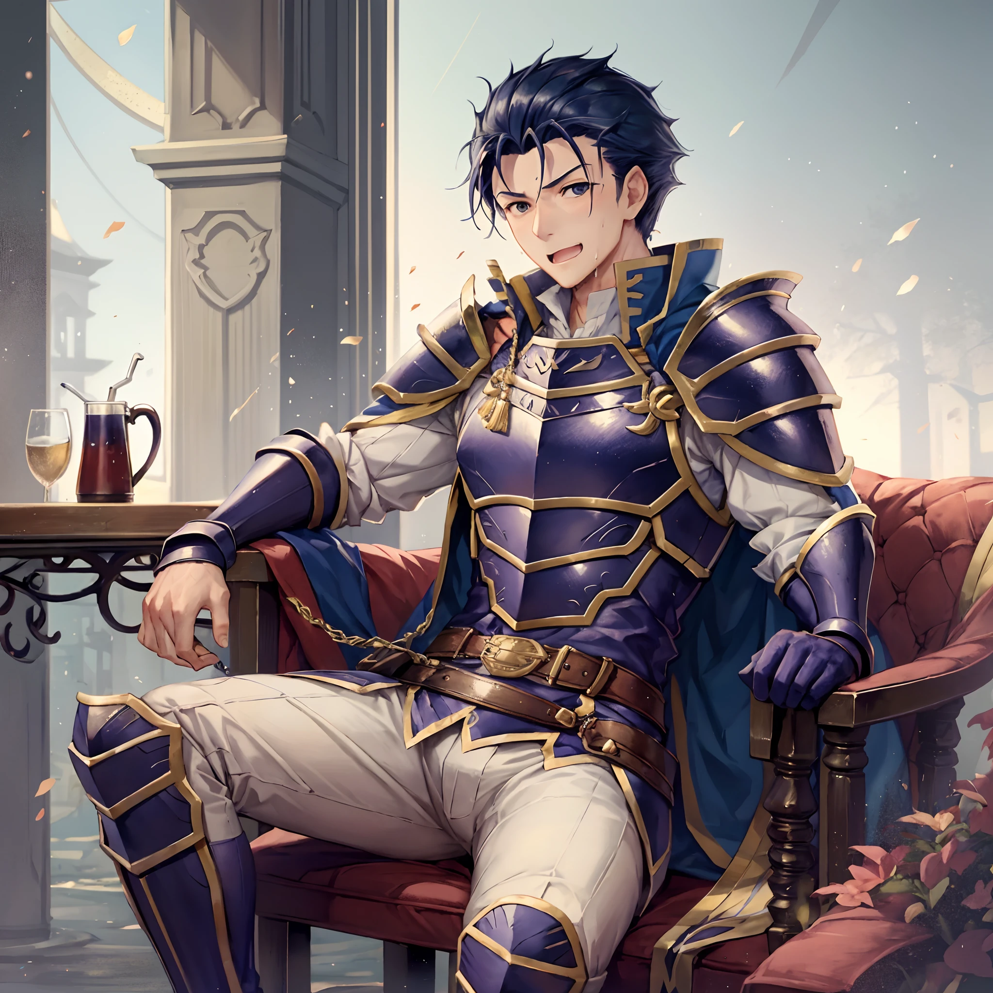 Hector Fey, 独奏, looking at viewert, Teasing laughter, Open your mouth,drools,perspire,Drenched,Get wet,mitts, 1 man, Male focus, sit astride(sit on chair),Cloak, Armour, Shoulder armor, look from down