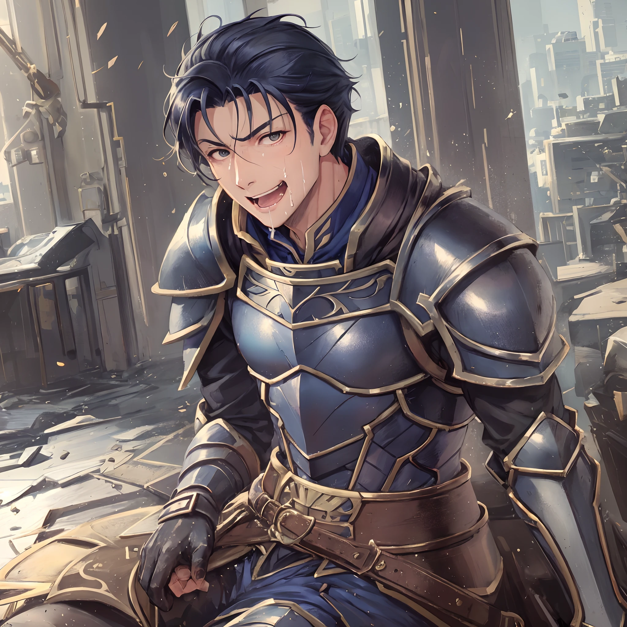 Hector Fey, 独奏, looking at viewert, Teasing laughter, Open your mouth,drools,perspire,Drenched,Get wet,mitts, 1 man, Male focus, sit astride(sit on chair),Cloak, Armour, Shoulder armor, look from down
