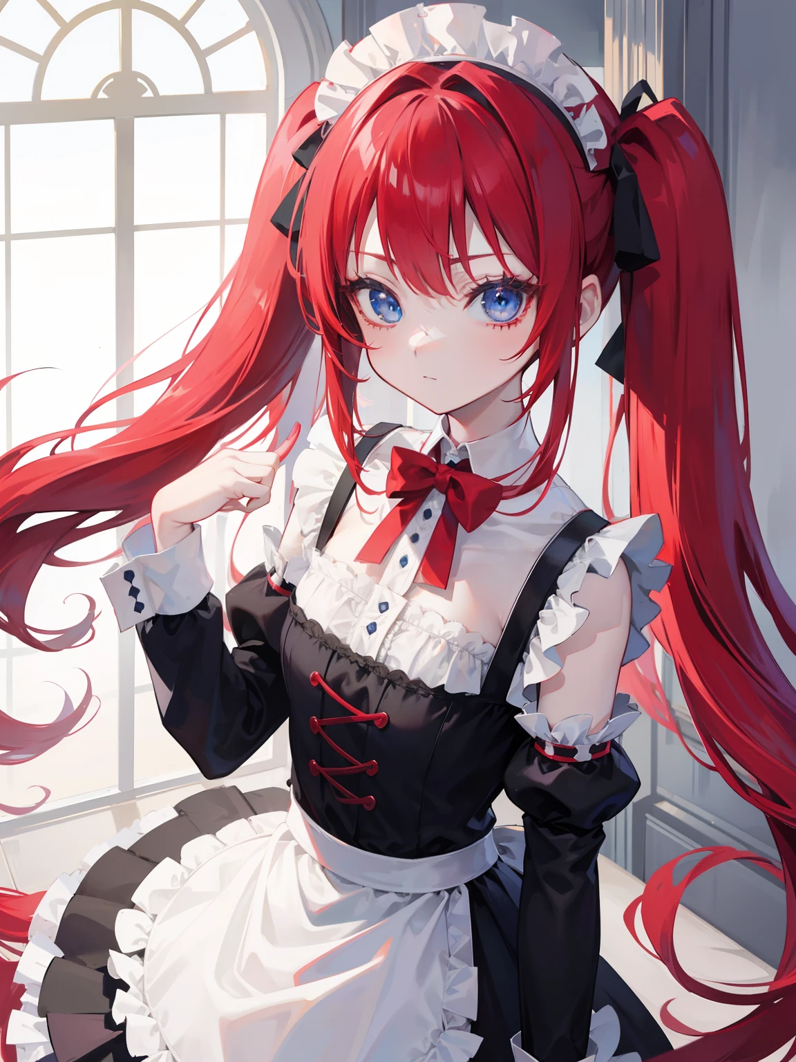 red hair,blue eyes,twintails,maid, long hair, long sleeves, gothic, solo, loli,{{best quality}}, {{masterpiece}}, {{ultra-detailed}}, {illustration}, {detailed light}, {an extremely delicate and beautiful},