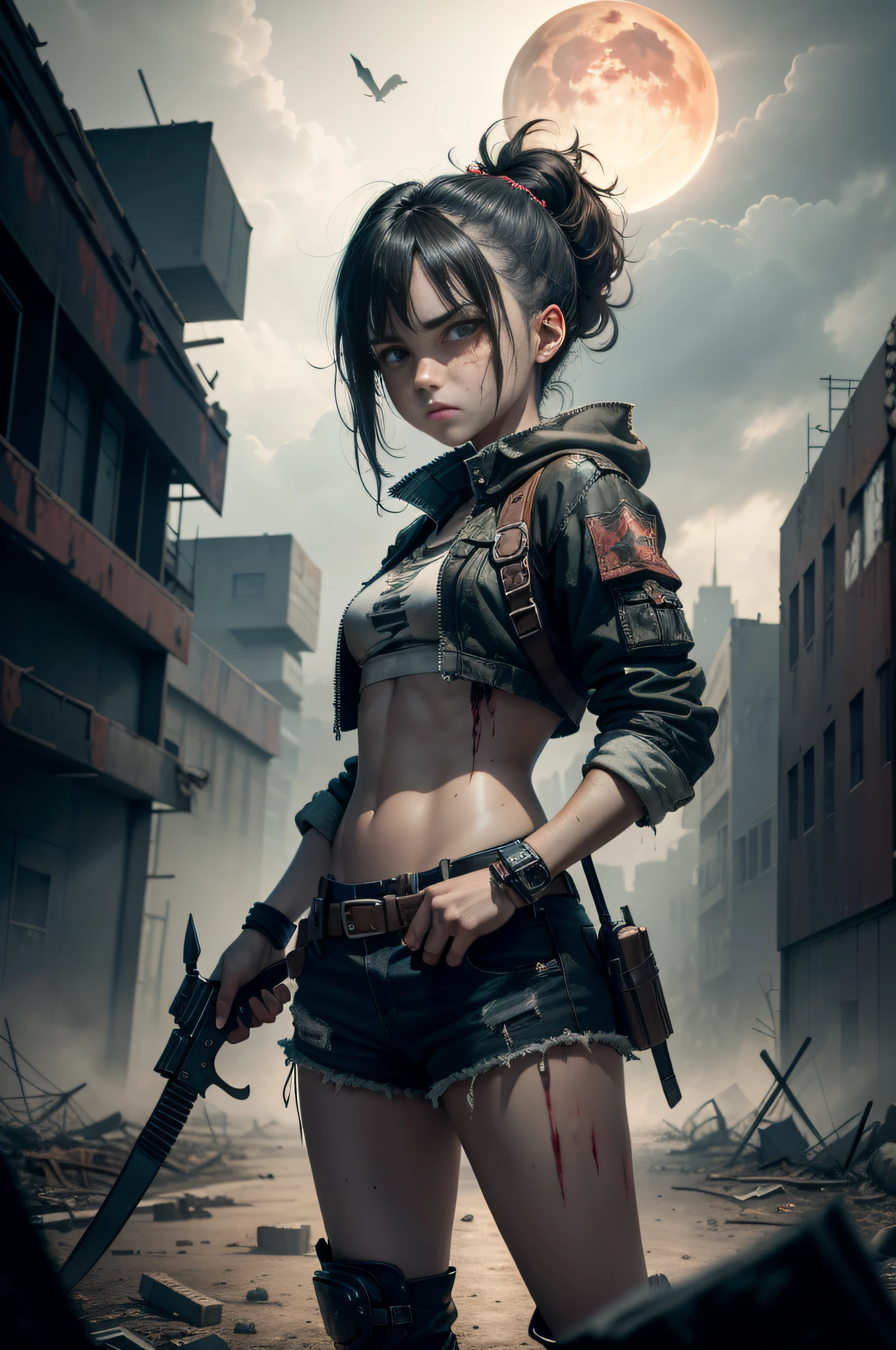 4K,8K,Best quality, Masterpiece,4K,8K,Best quality, Masterpiece, ,High definition, 8K, Masterpiece, Best quality, post apocalyptic world, Ruined city, crumbling buildings, Dark sky, Blood Moon, solo person, Standing tall, Wearing tattered clothes, Holding a weapon, determined expression, Strong gaze, Survival instinct