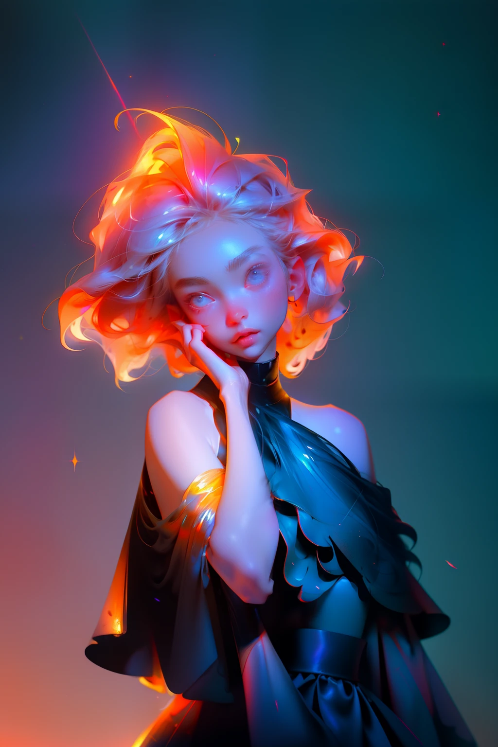 Masterpiece, best quality, super high resolution, fluorescent color,
1 girl, looking at the audience, beautiful face, beautiful eyes, (bare shoulder: 1.2), head up, upper body, forest, shiny hair, shiny skin, glowing cut, chibi, hands not shown: 1.5, black starlight dress, particles
